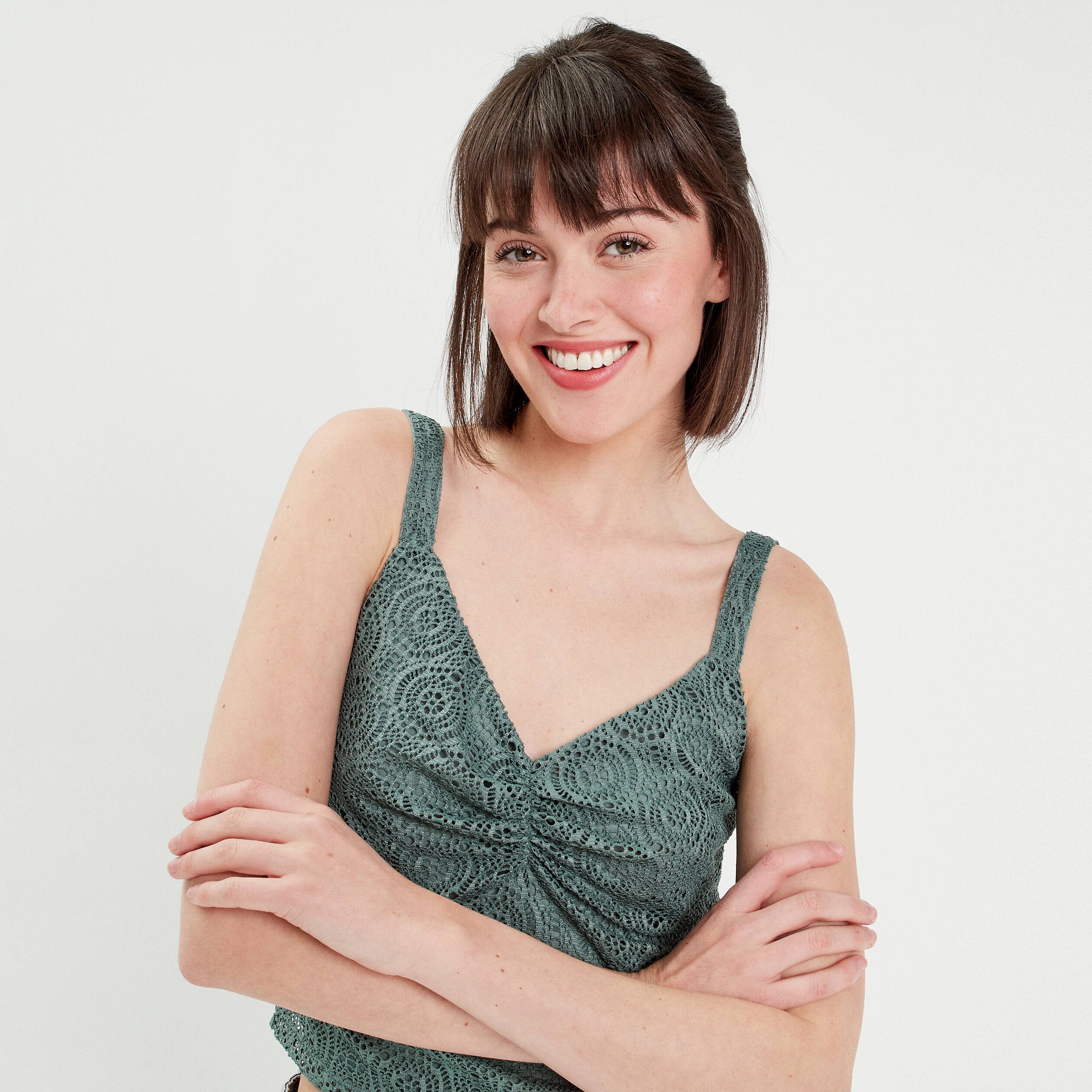 D&eacute;bardeur cropped dentelle vert fonc&eacute; femme
