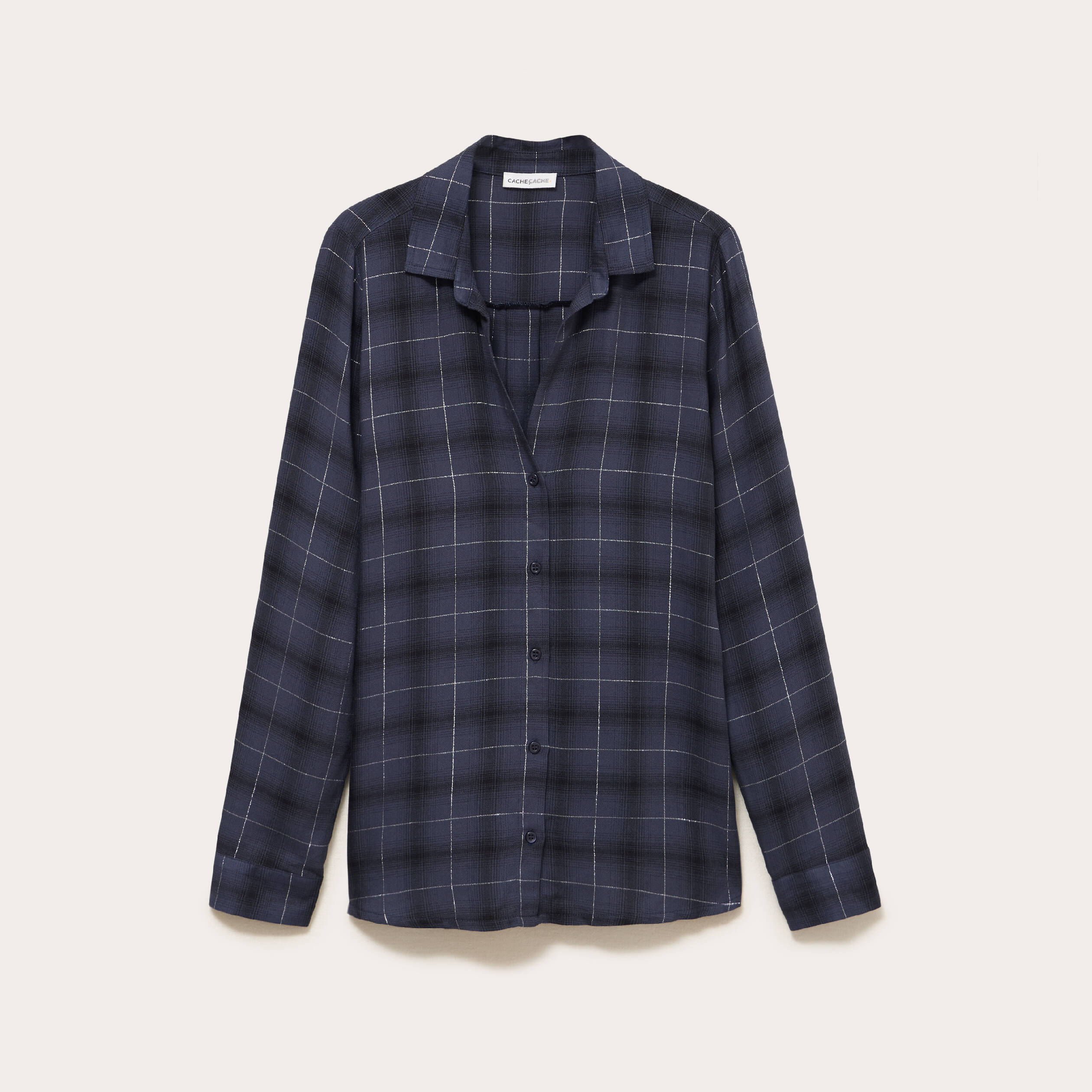 Chemise &agrave; carreaux fils m&eacute;tallis&eacute;s bleu fonc&eacute; femme