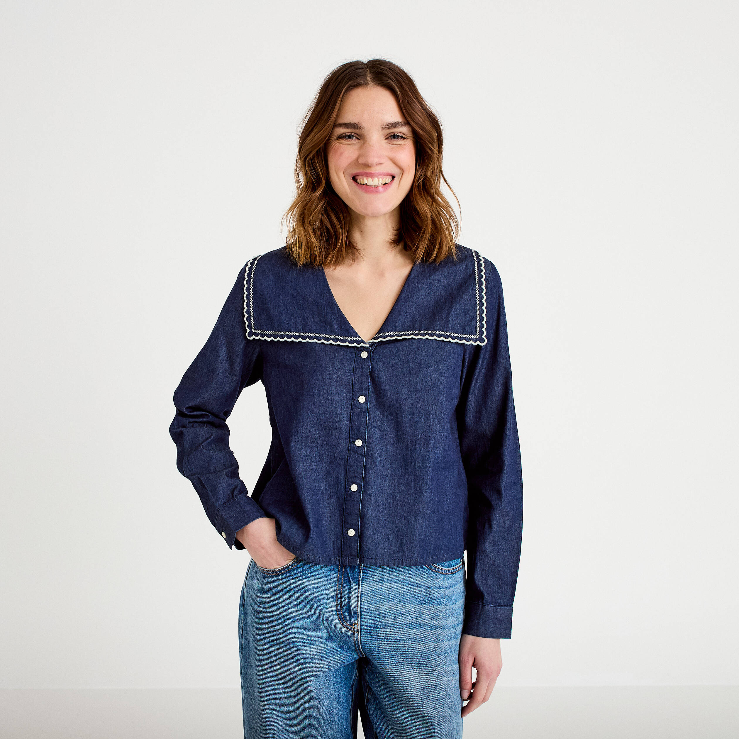 Chemise col marin denim double stone femme