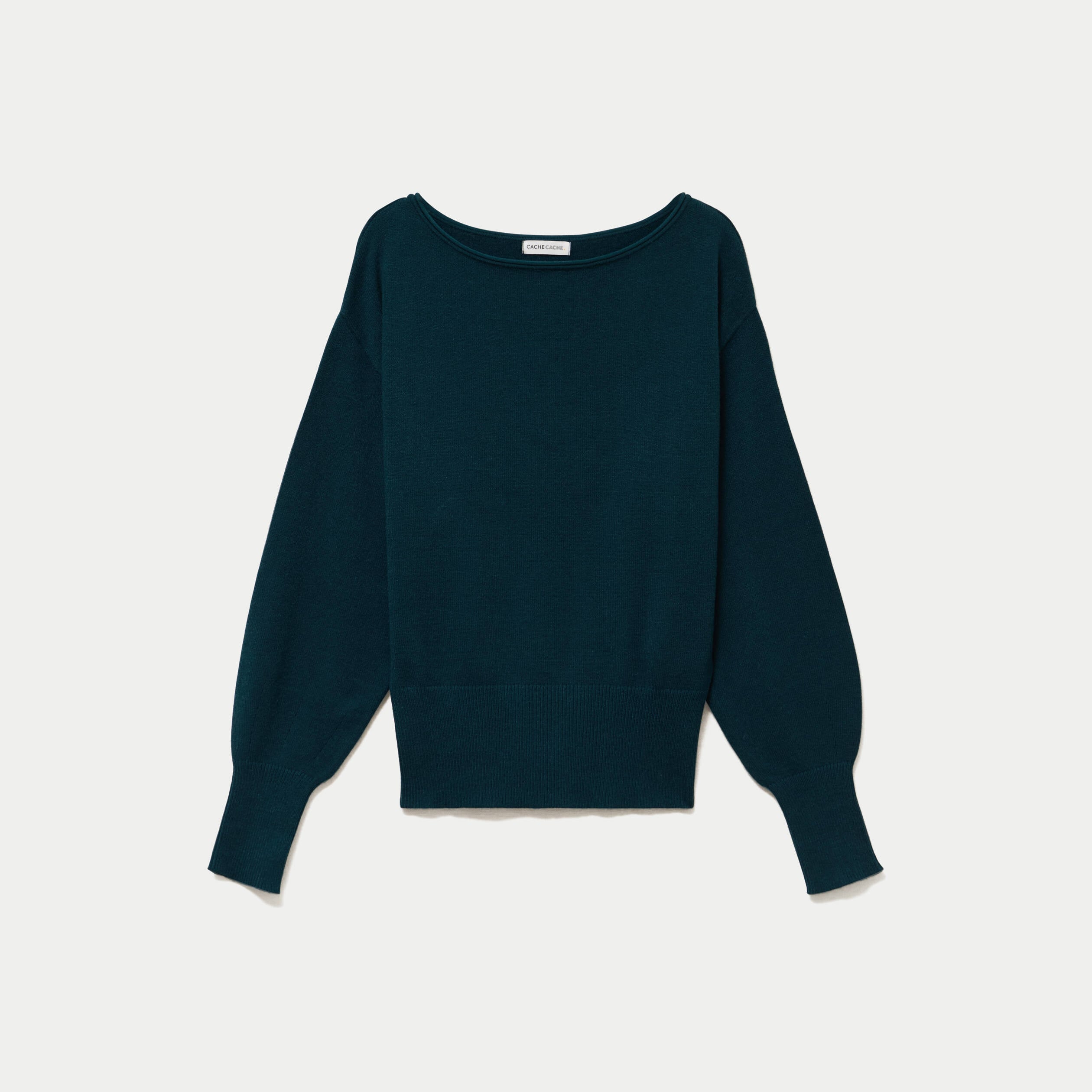 Pull oversize col bateau manches longues vert fonc&eacute; femme