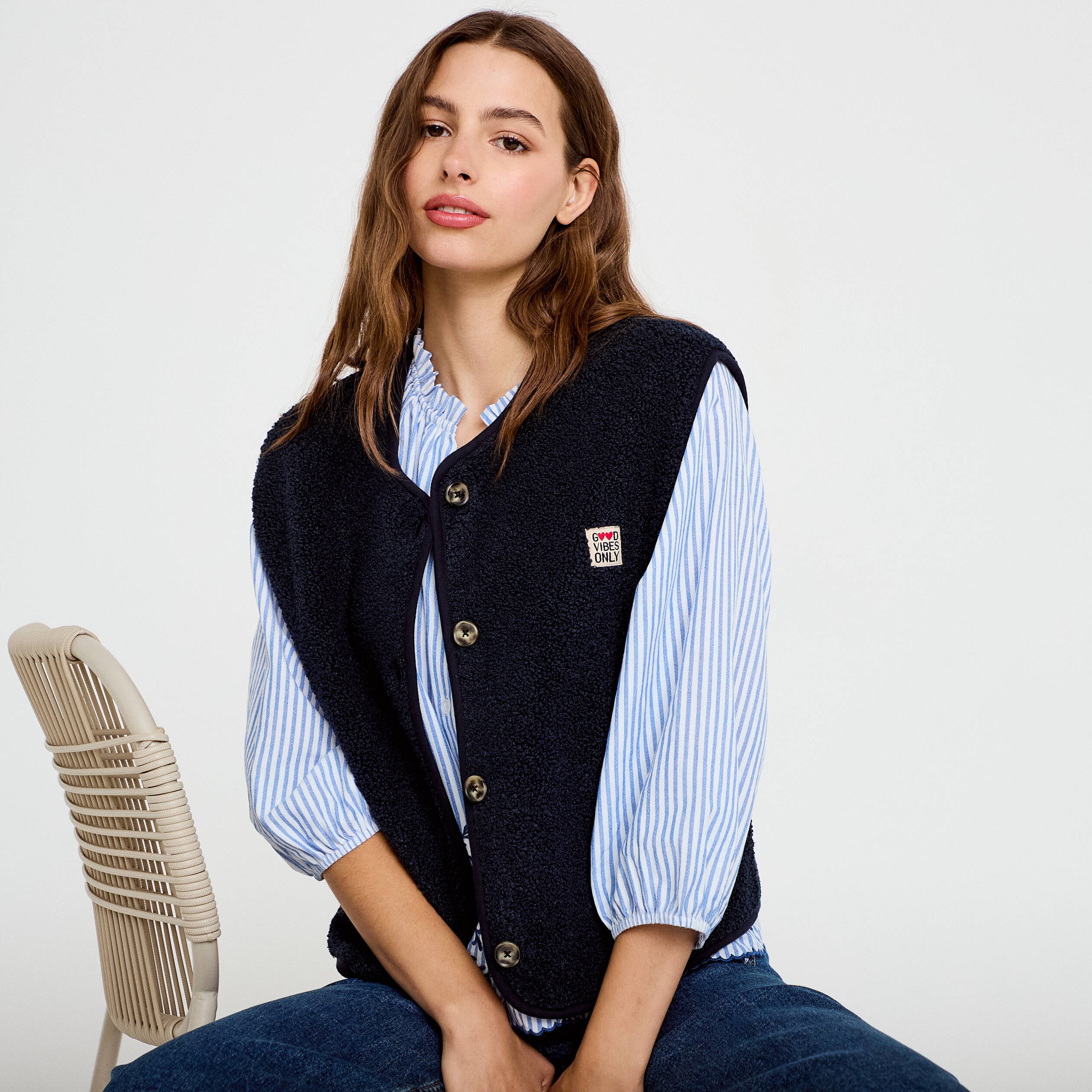 Veste sans manches fausse fourrure bleu marine femme
