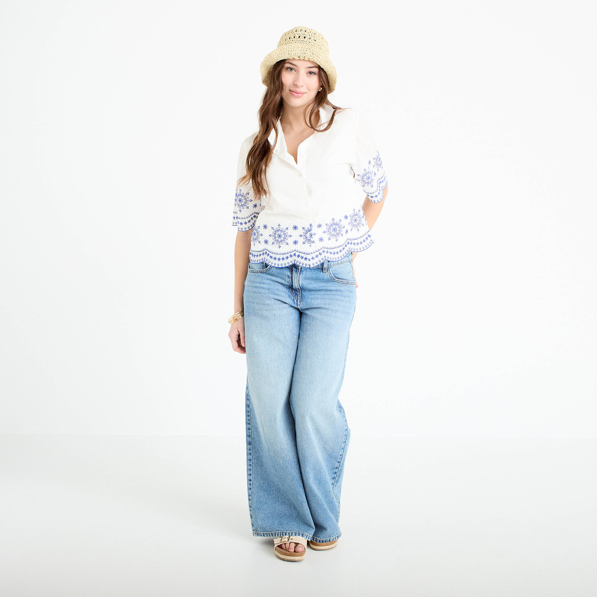 Chemise brod&eacute;e manches courtes ecru femme