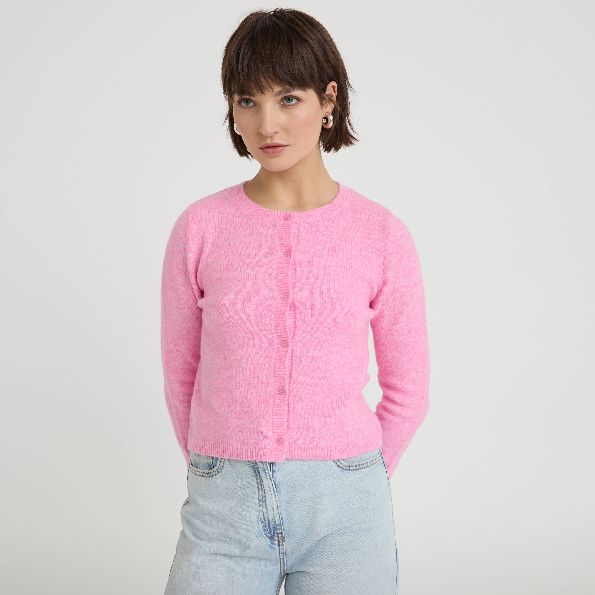 Gilet boutonn&eacute; manches longues rose femme