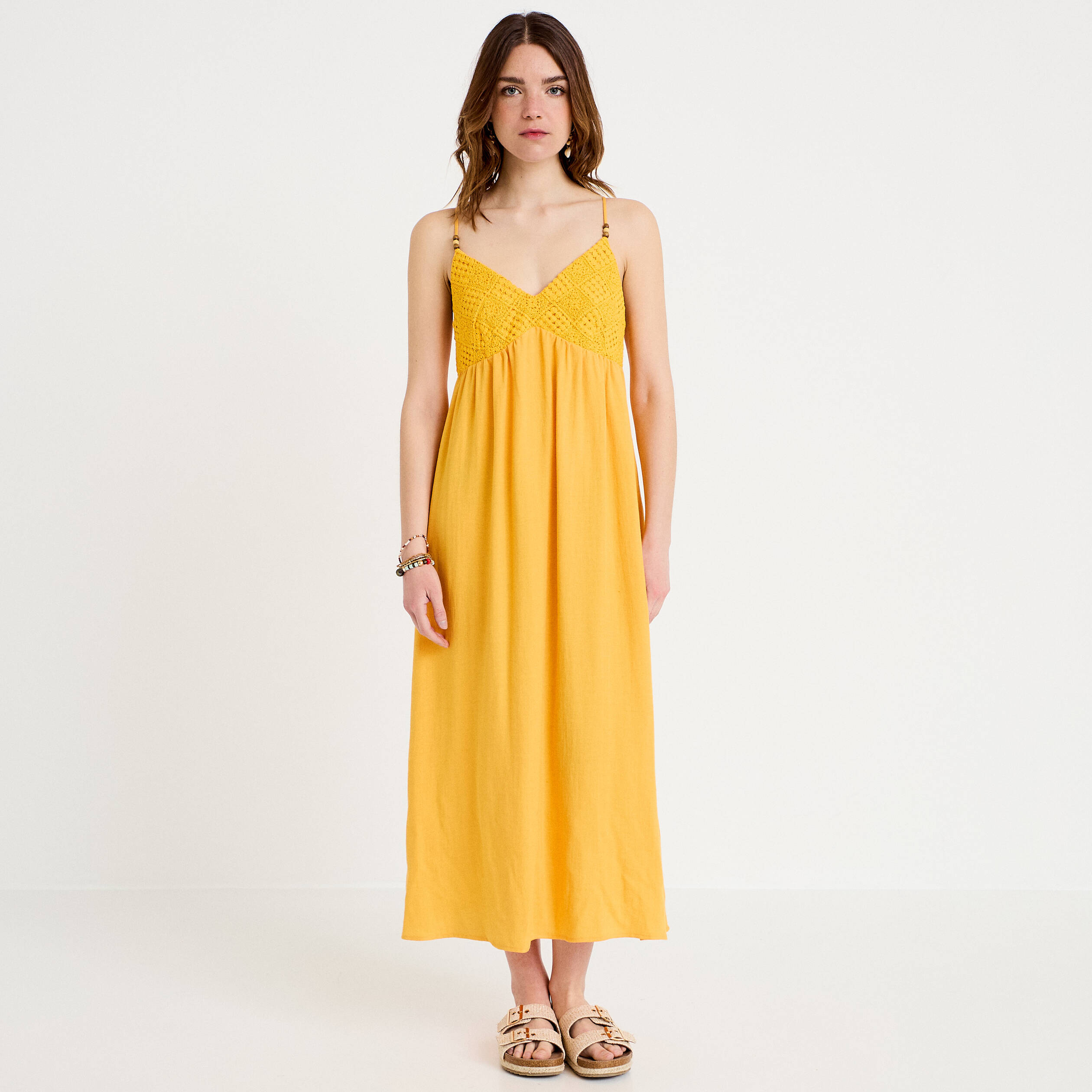 Robe bi-mati&egrave;re col v bretelles fines orange clair femme
