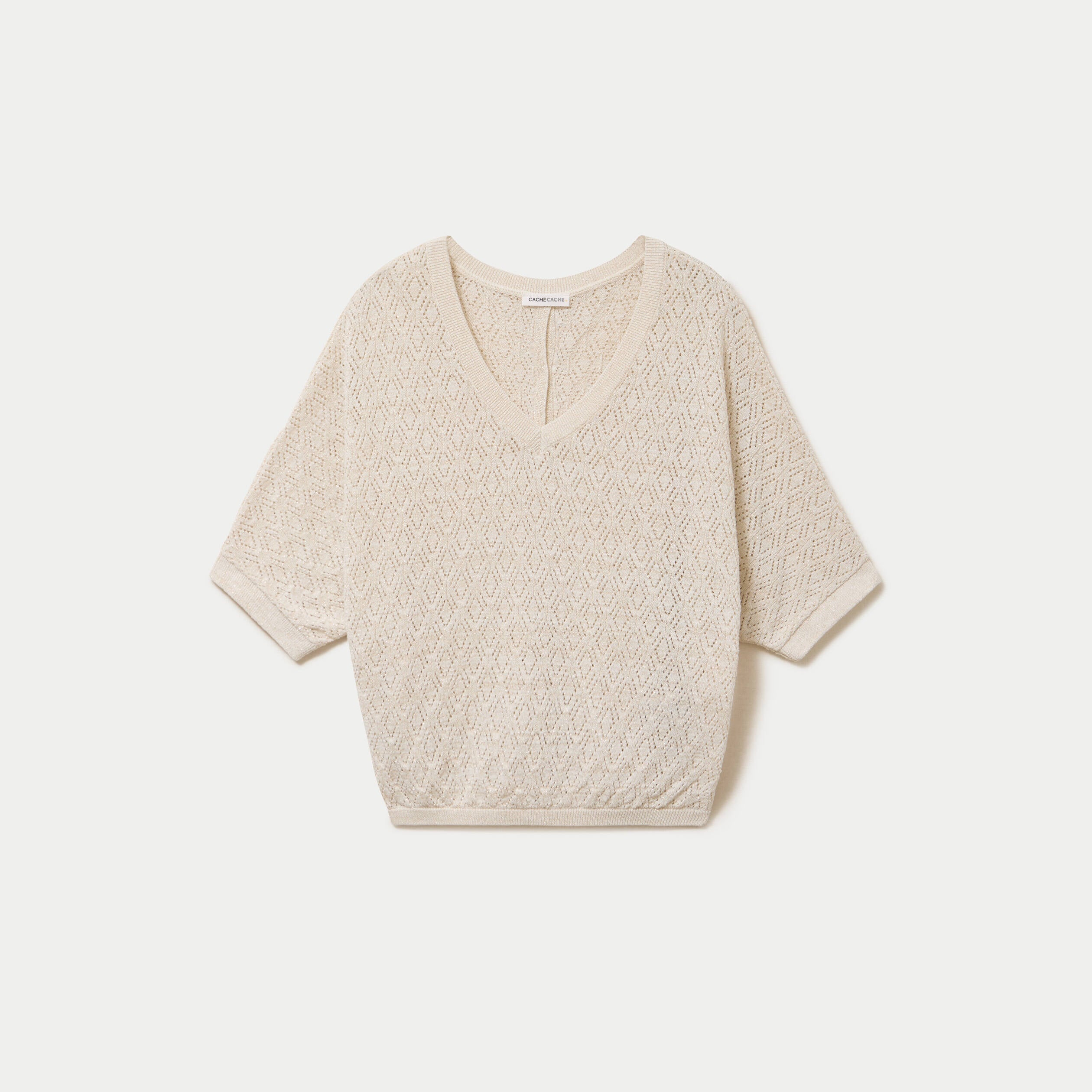Pull ajour&eacute; col v manches courtes ecru femme