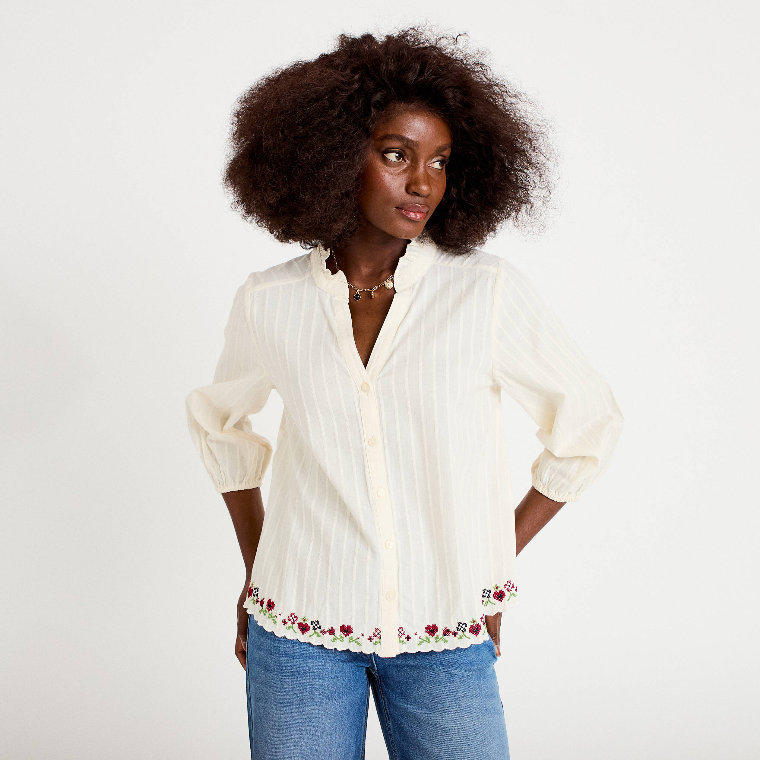 Blouse broderie col v manches 3/4 ecru femme