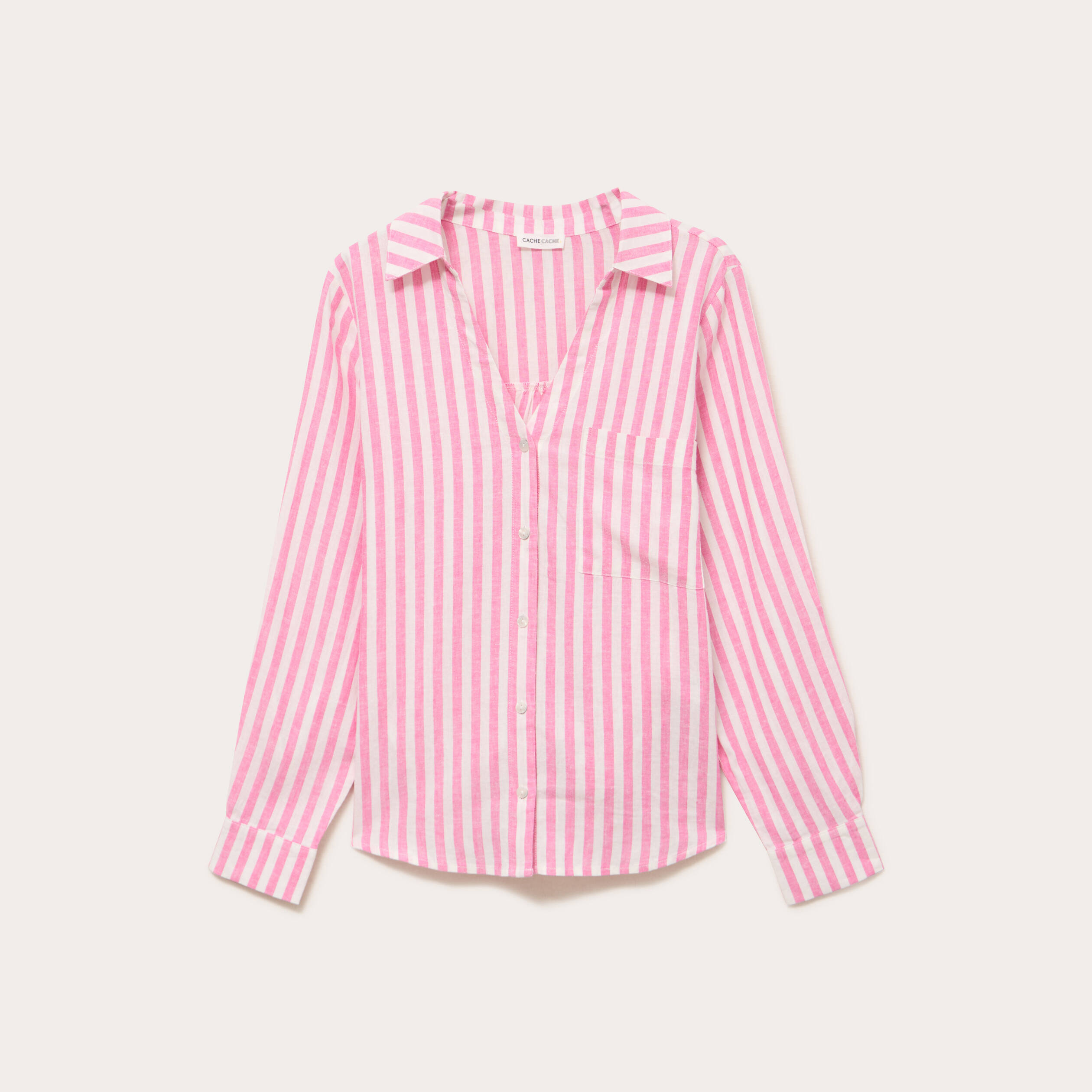 Chemise lin col V manches longues rose femme