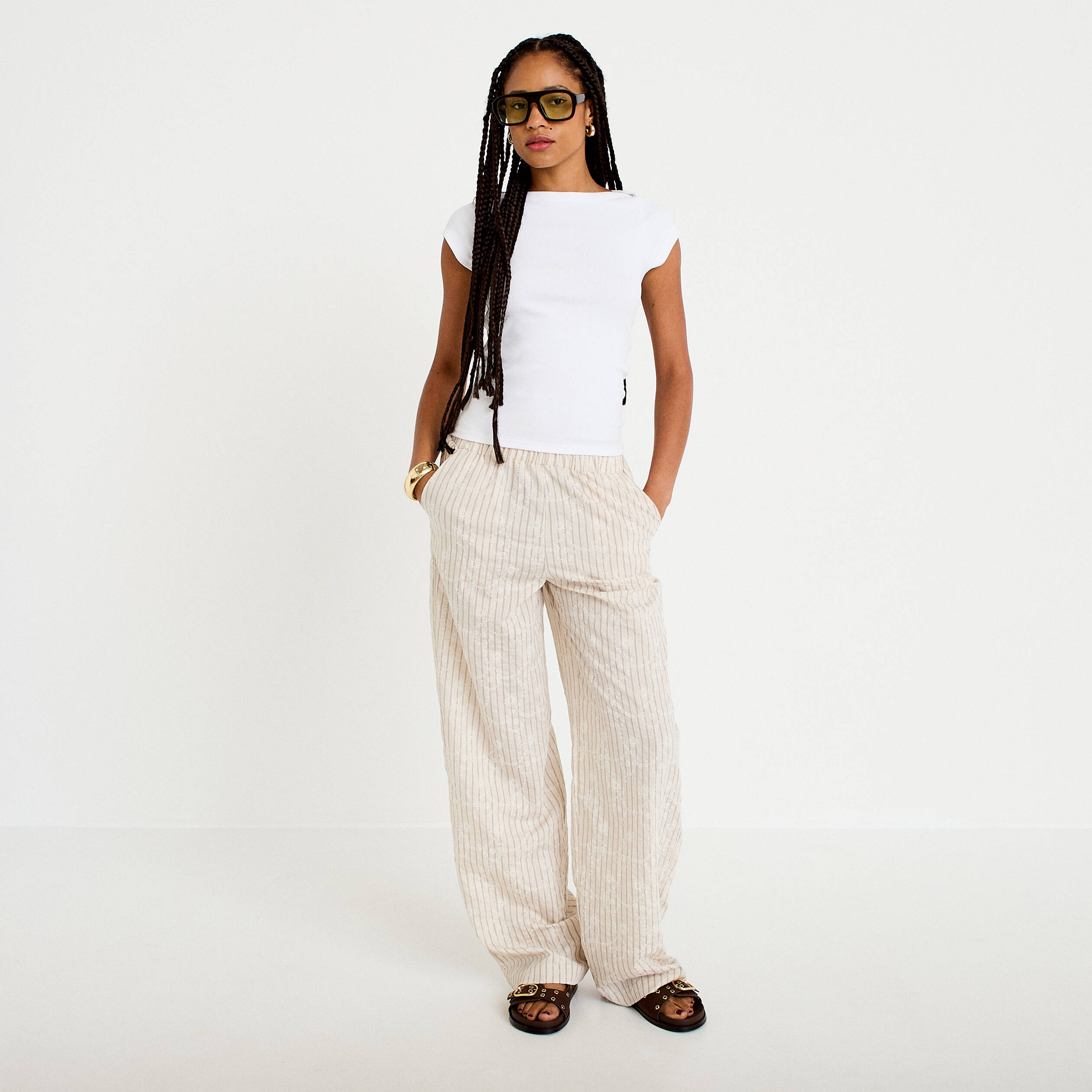 Pantalon large taille haute creme femme