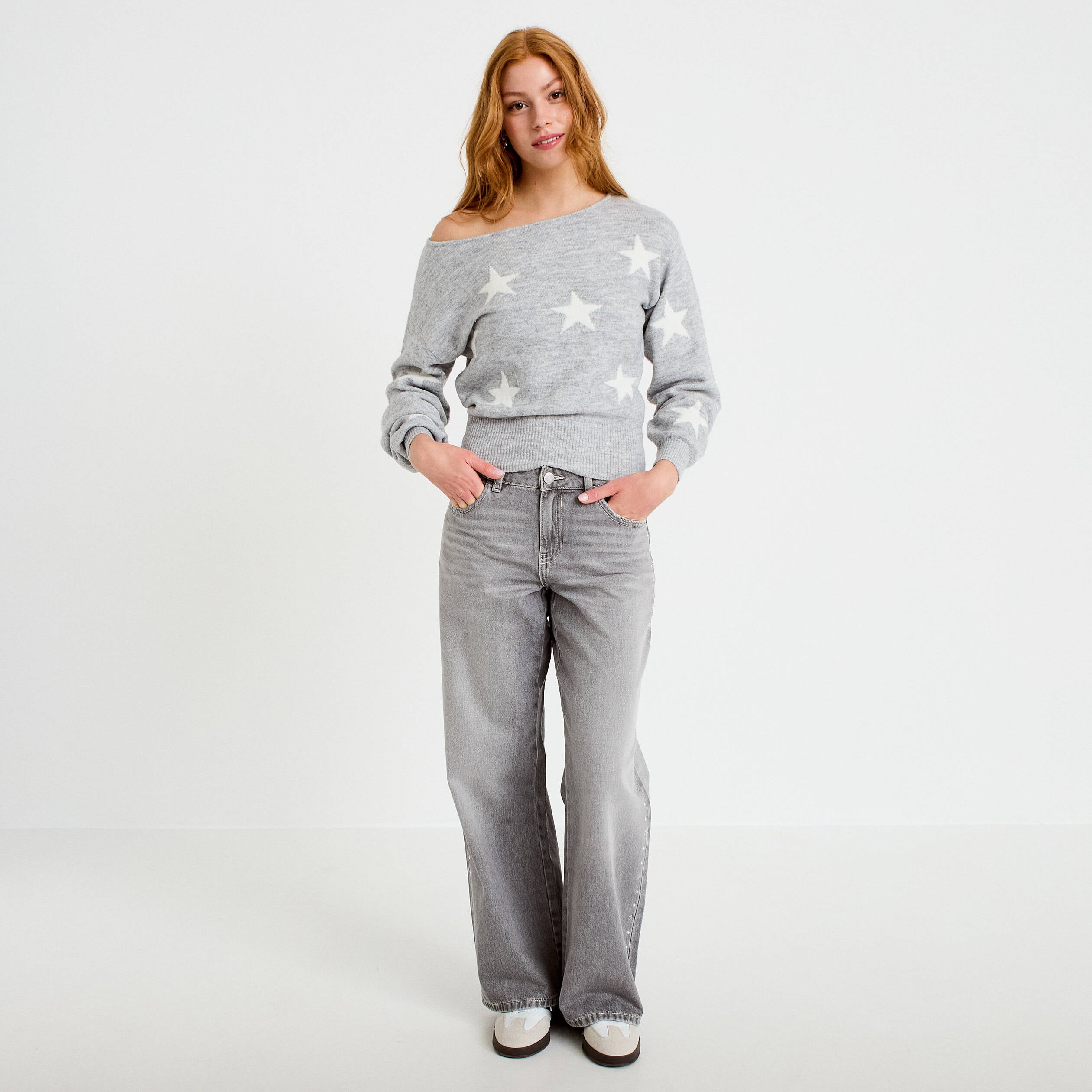 Pull col bateau manches longues gris clair femme