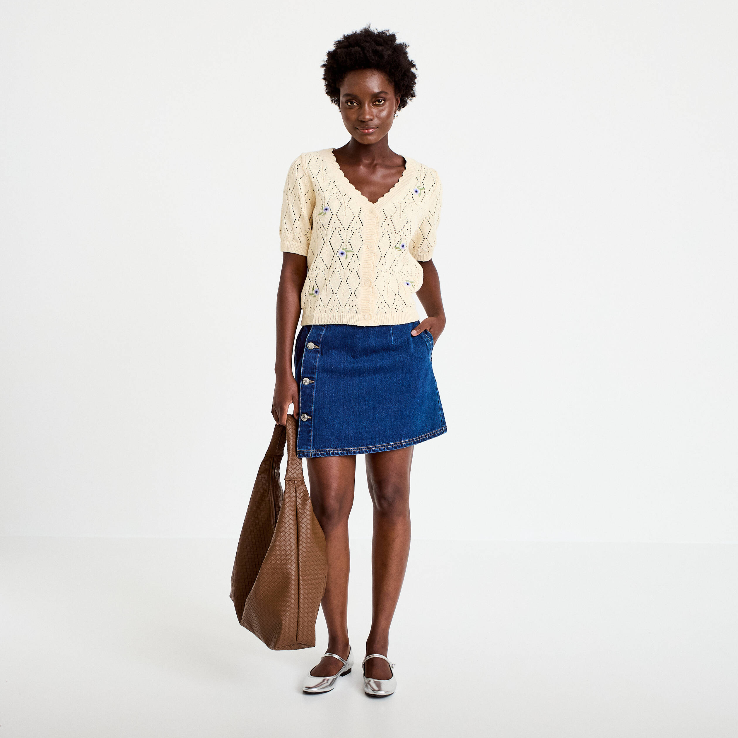 Jupe droite courte en jean denim double stone femme