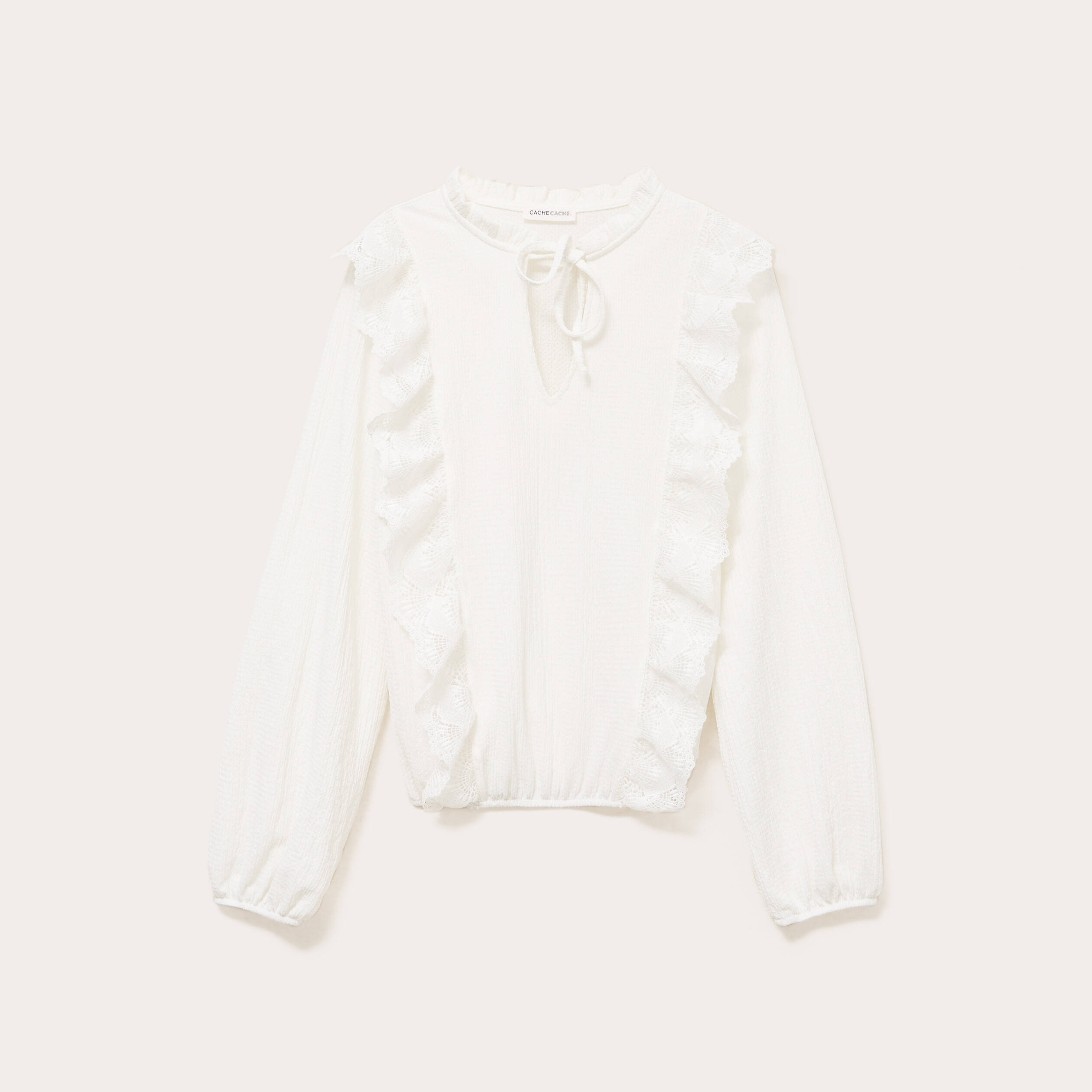 Blouse col mao bas resserr&eacute; dentelle ecru femme