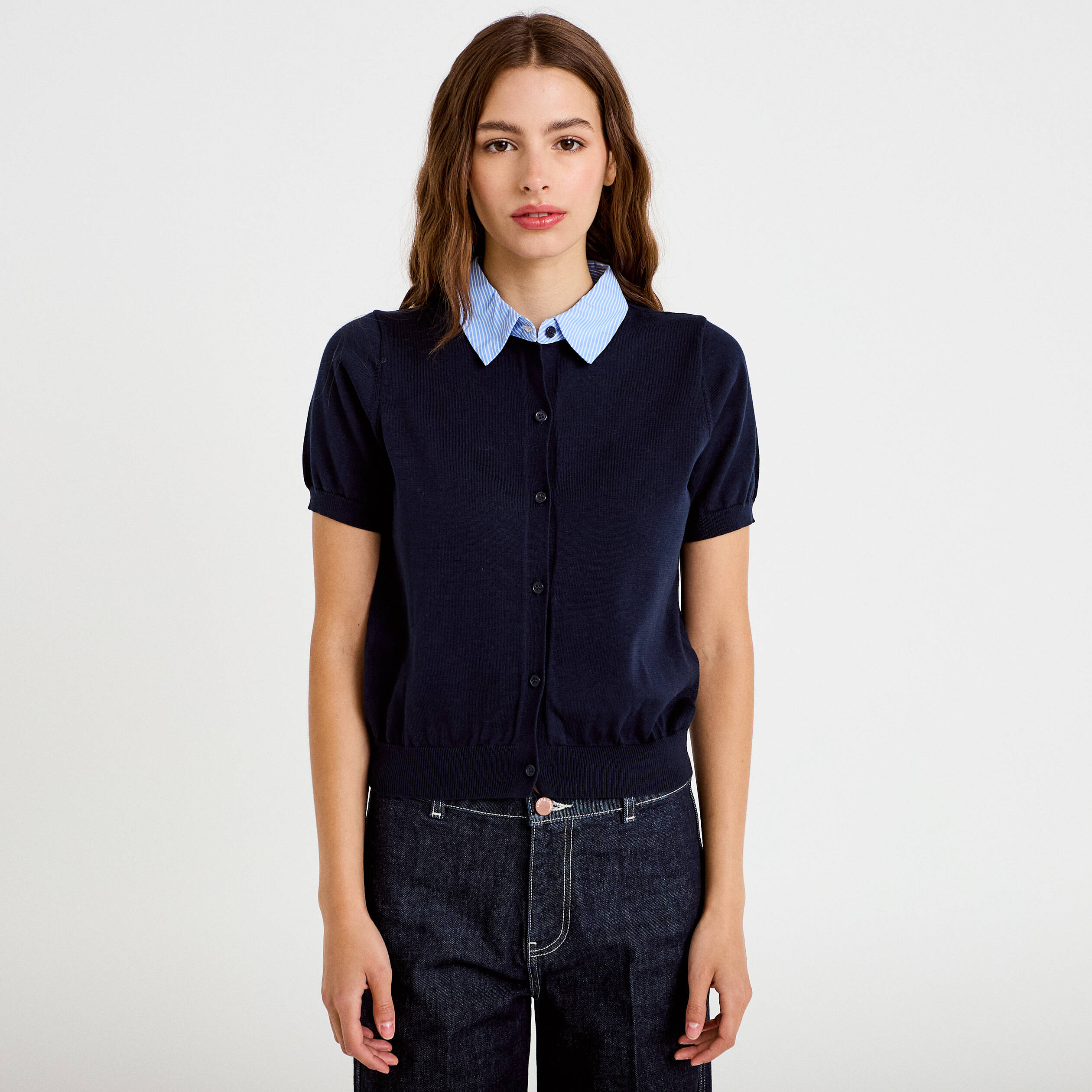 Polo col chemise manches courtes bleu marine femme