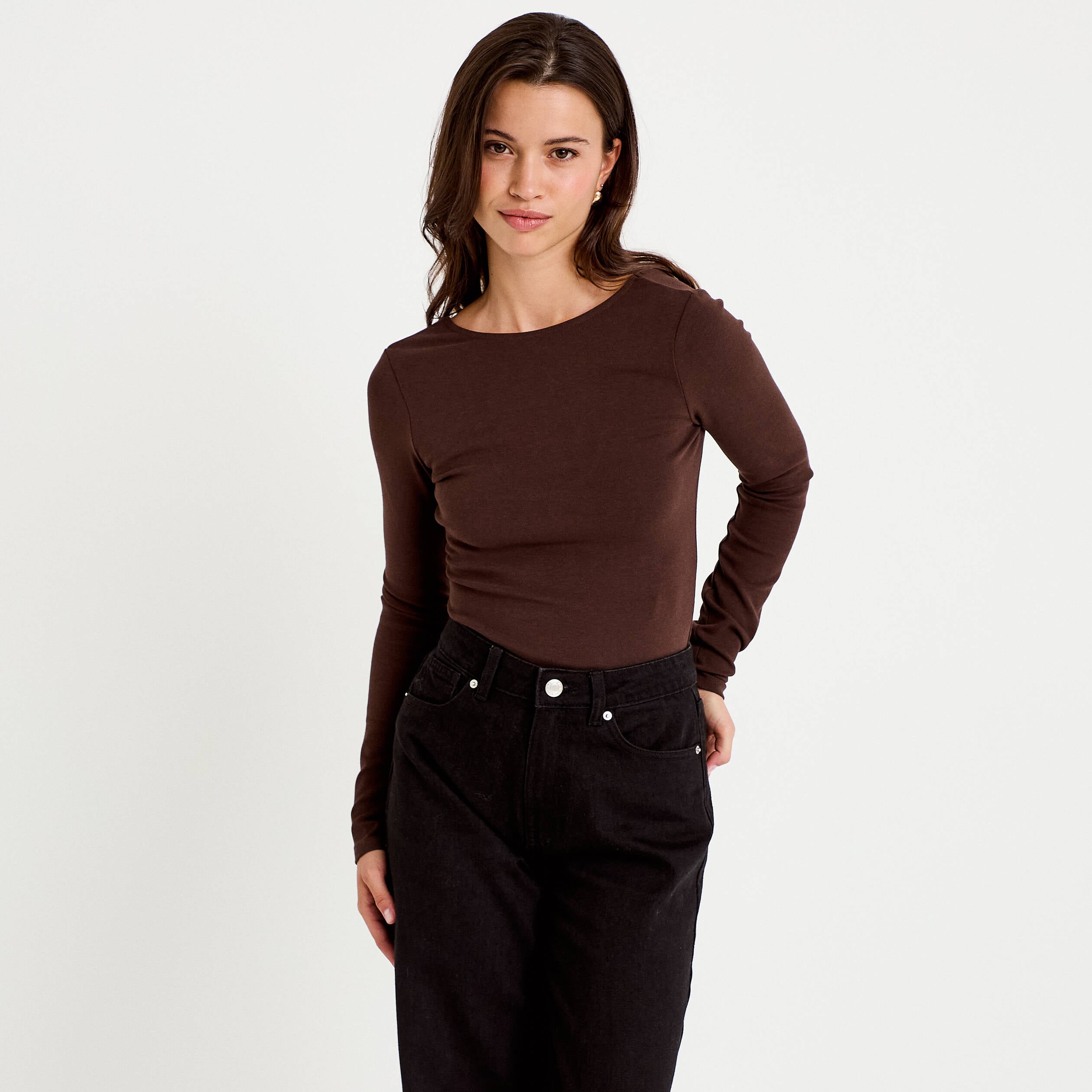 Body cintr&eacute; manches longues bateau marron fonc&eacute; femme