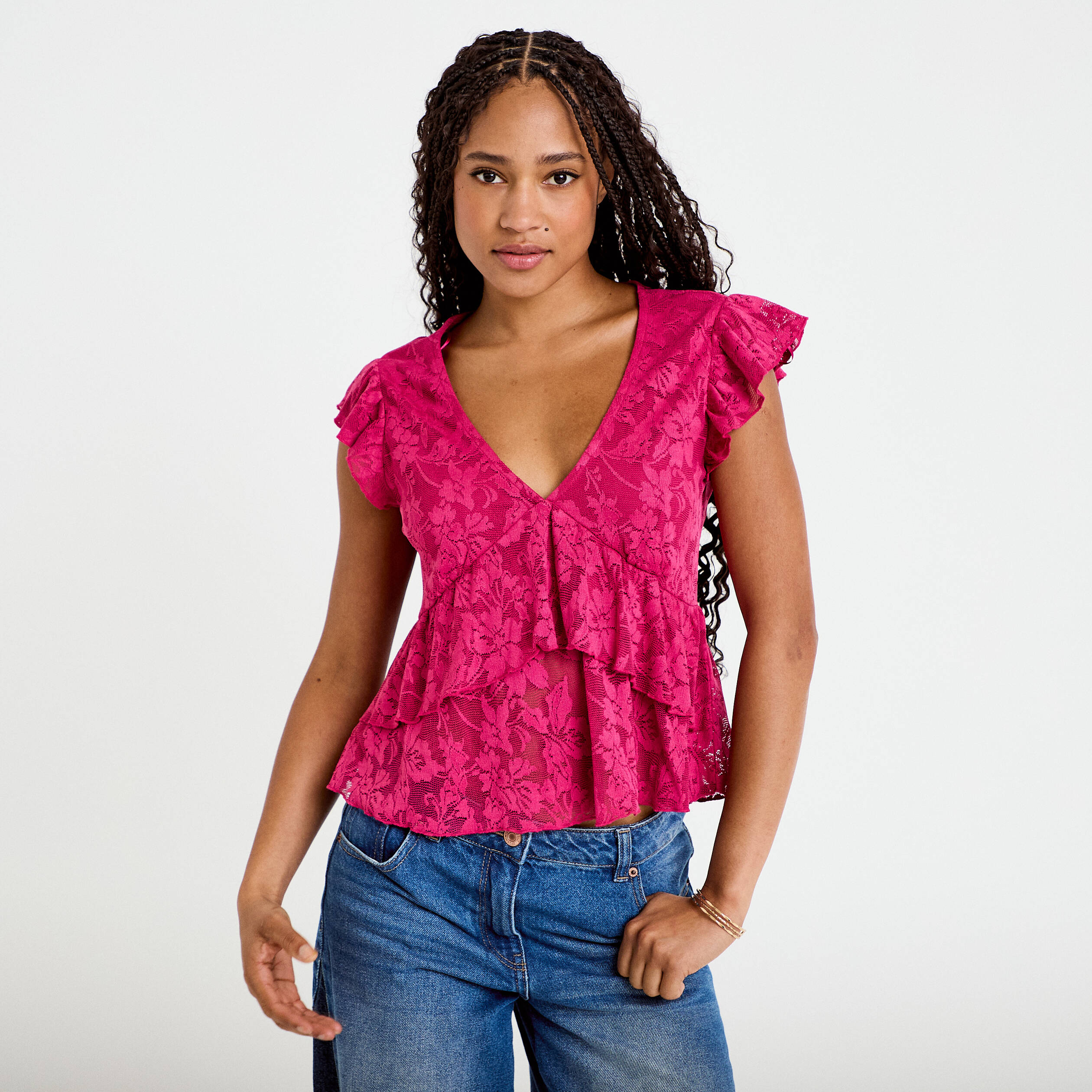 Blouse manches courtes aspect dentelle prune femme