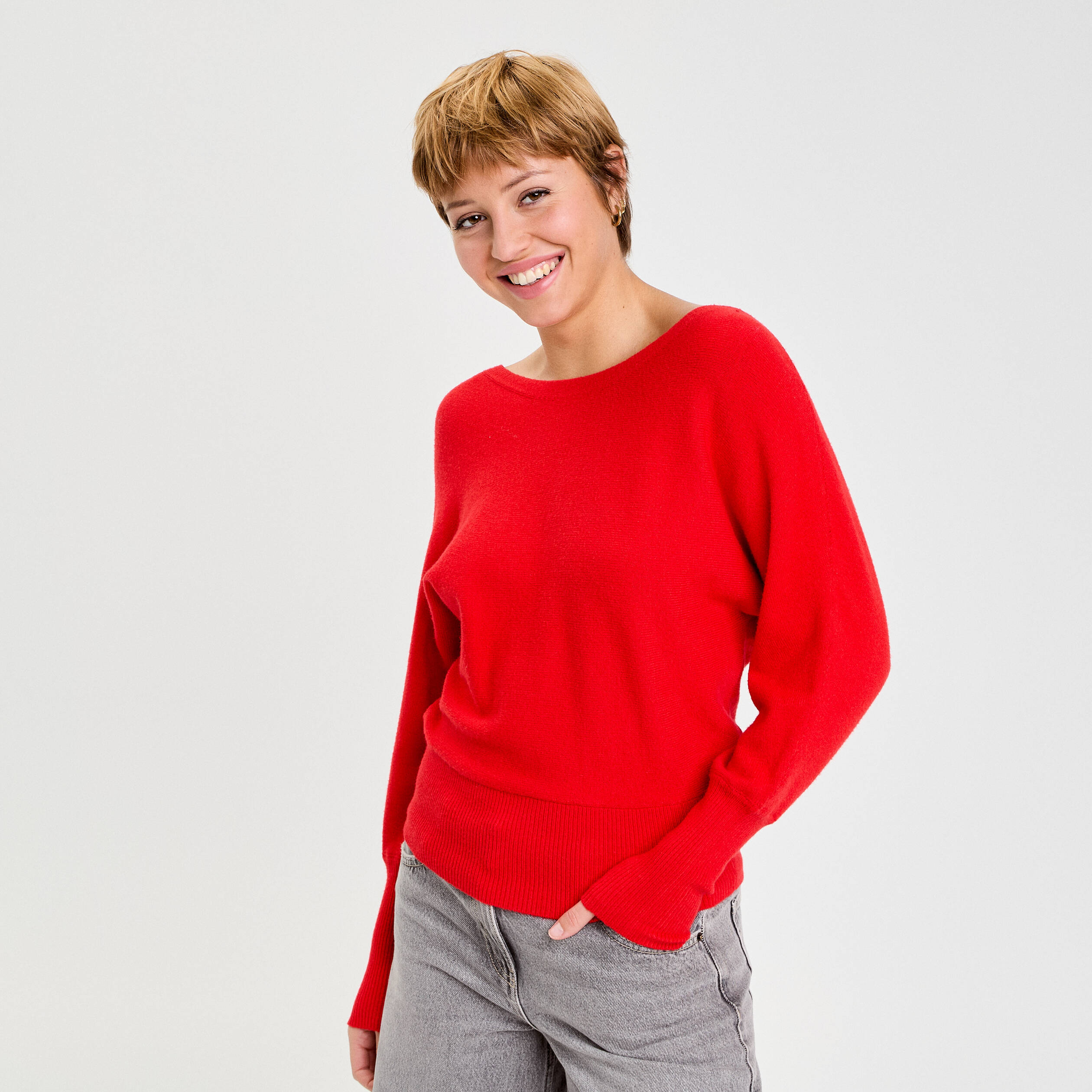 Pull manches chauves-souris rouge femme