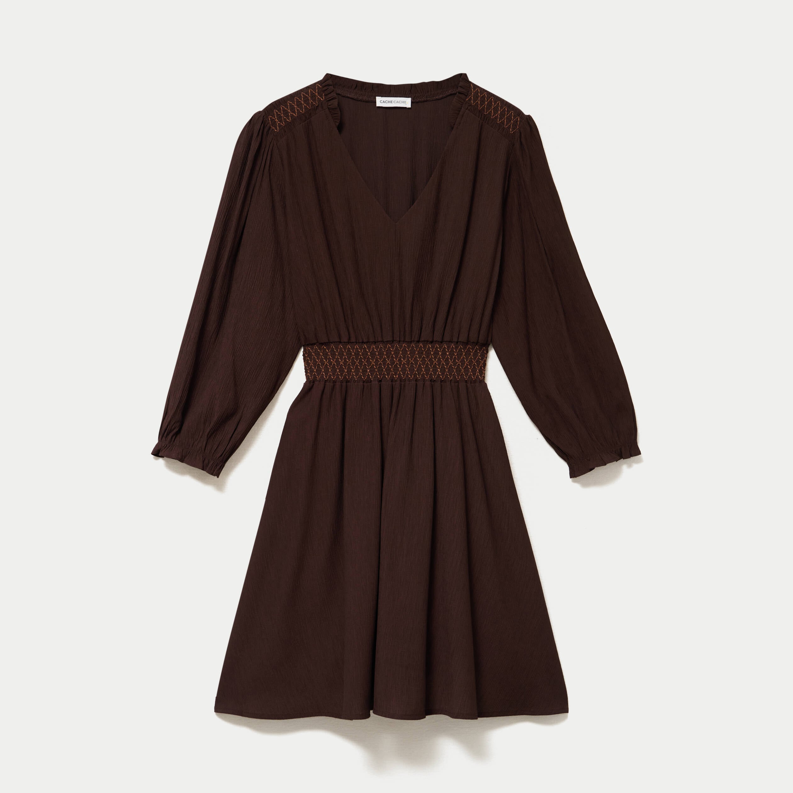 Robe courte &eacute;vas&eacute;e col v manches 3/4 marron fonc&eacute; femme