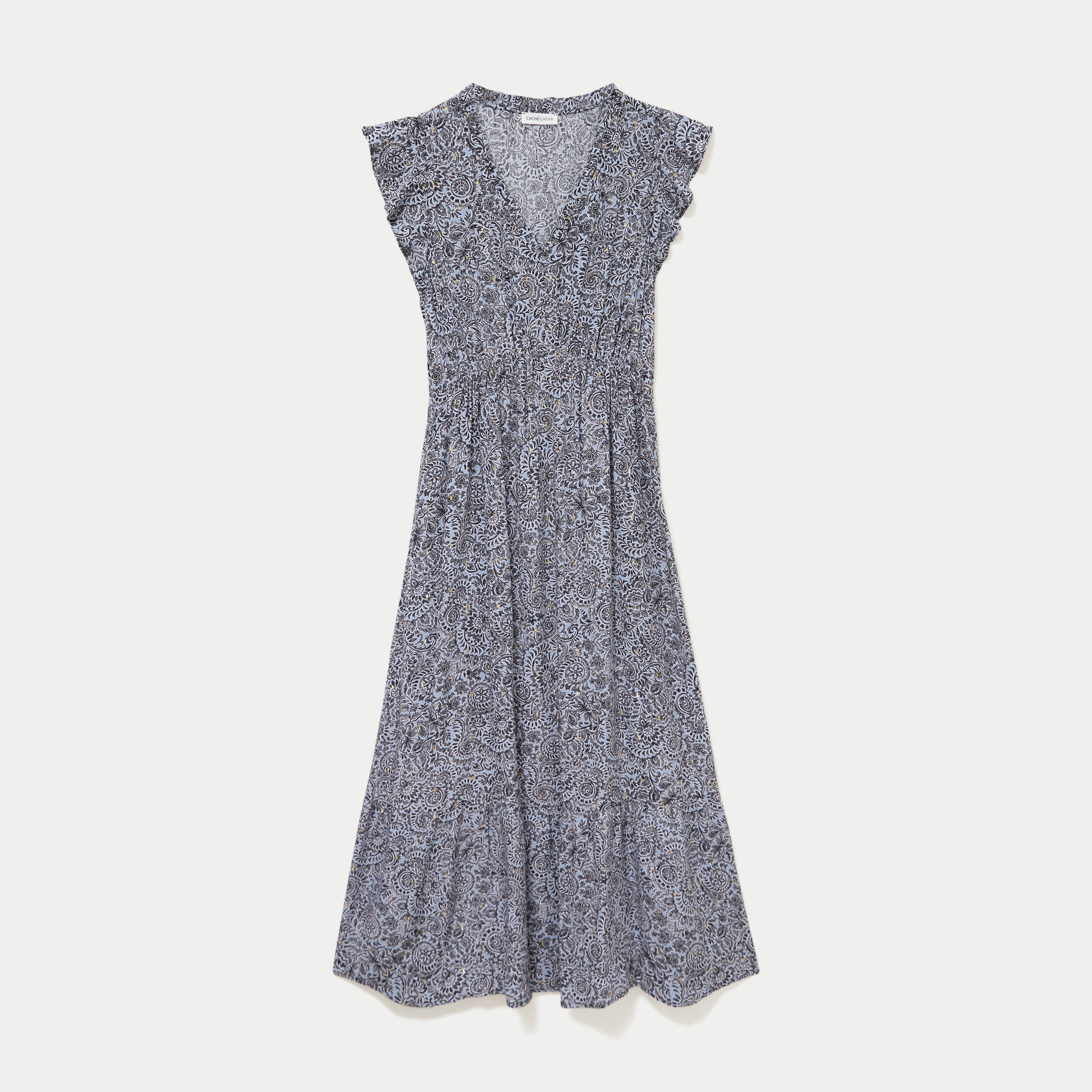 Robe longue &eacute;vas&eacute;e col v manches courtes bleu femme