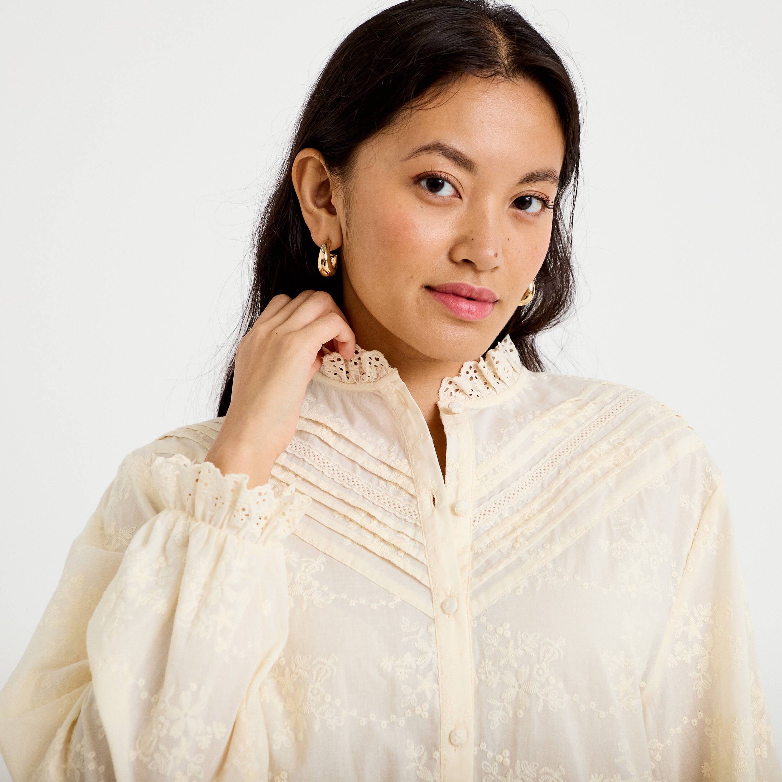 Blouse ample col montant manches longues ivoire femme