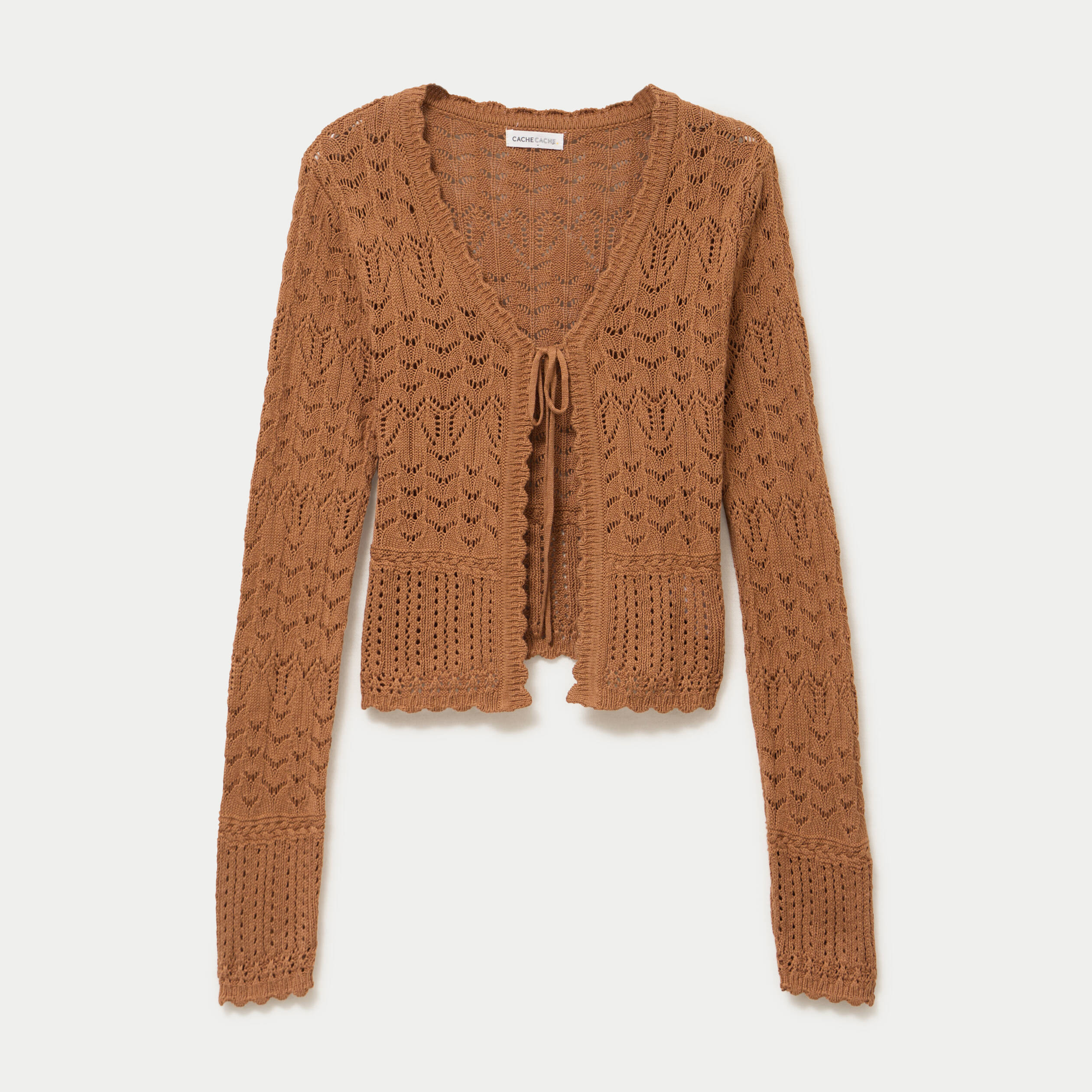 Gilet ajour&eacute; cintr&eacute; manches longues beige femme