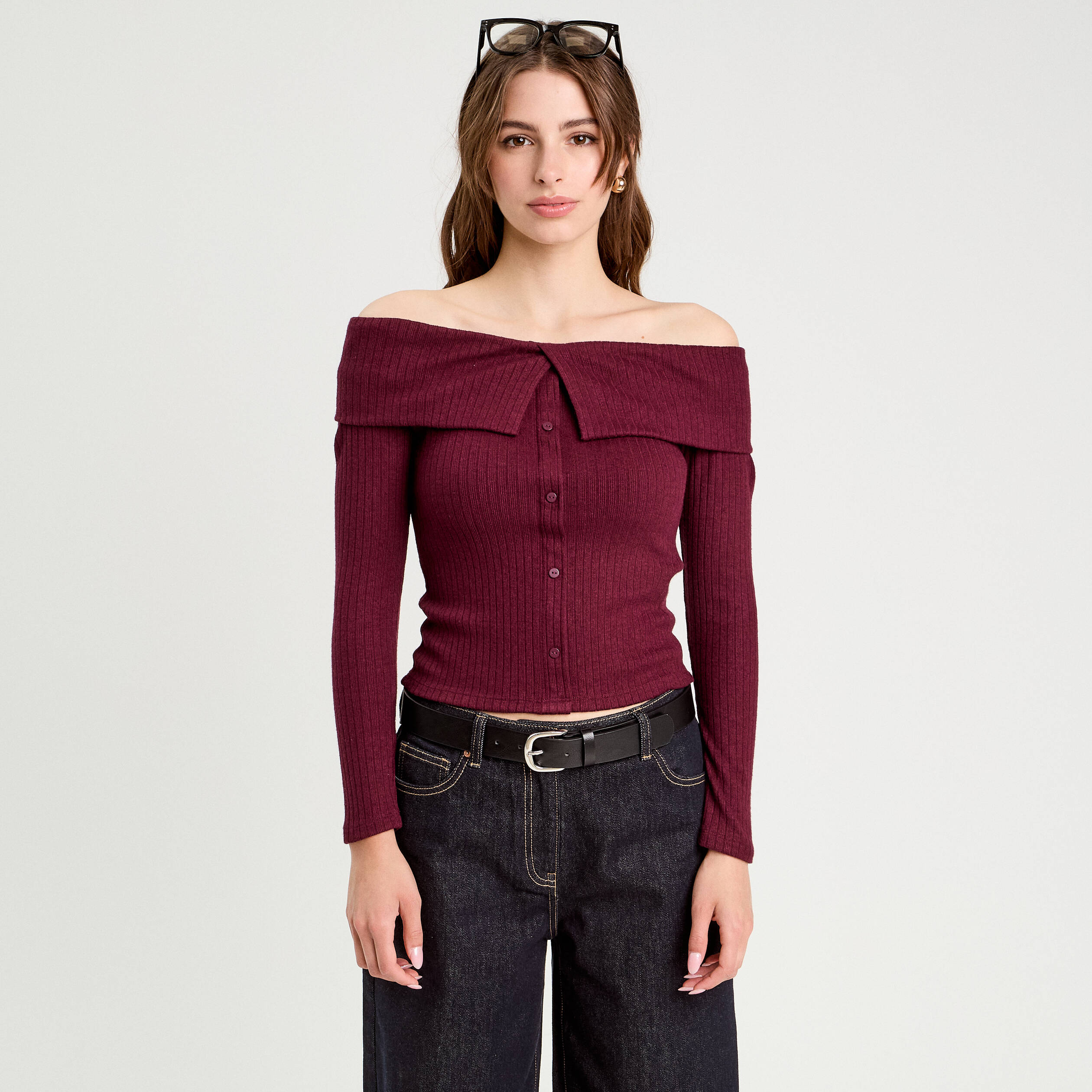 T-shirt c&ocirc;tel&eacute; col bardot violet fonc&eacute; femme
