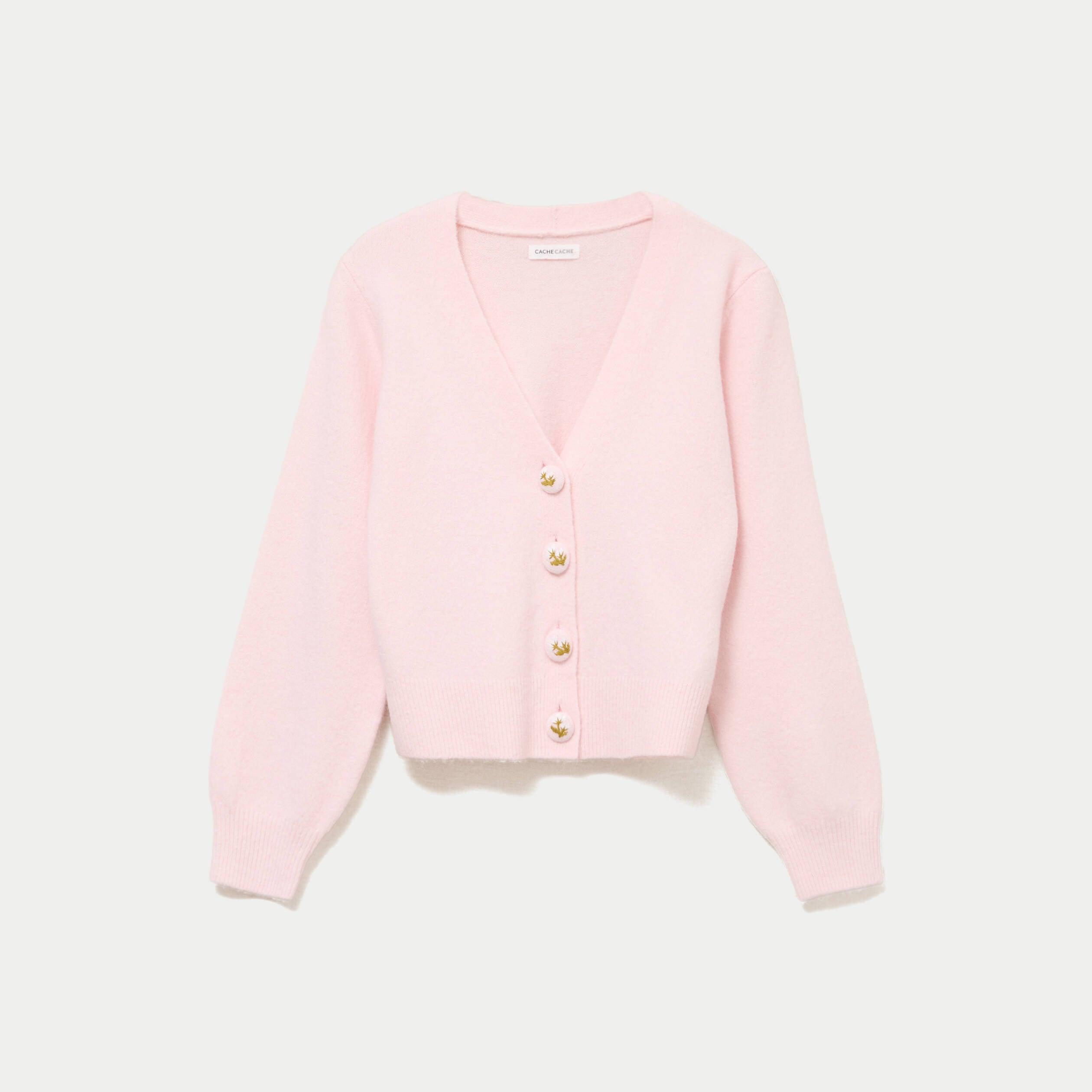 Gilet col v broderie manches longues rose clair femme
