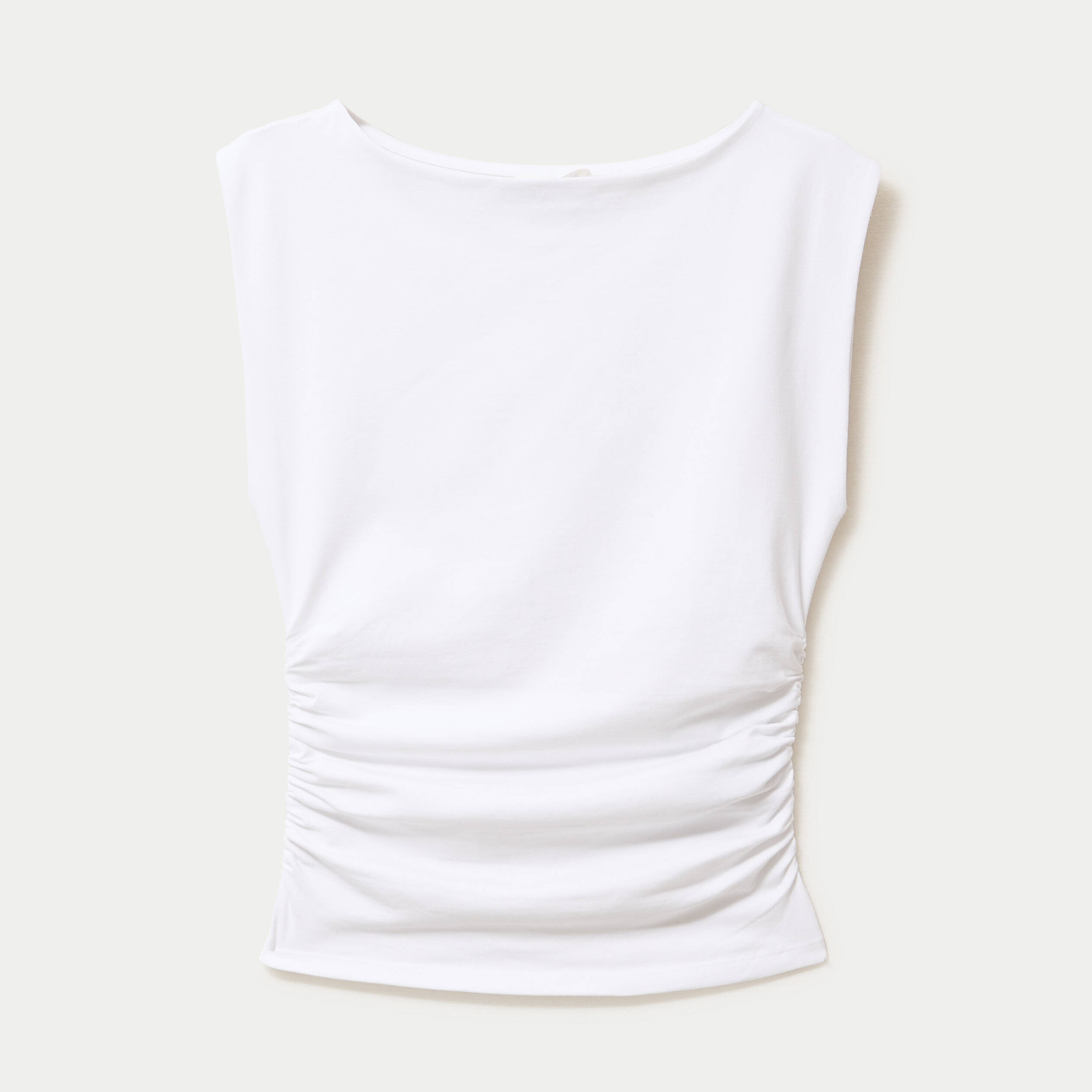 T-shirt ajust&eacute; col bateau sans manches blanc femme