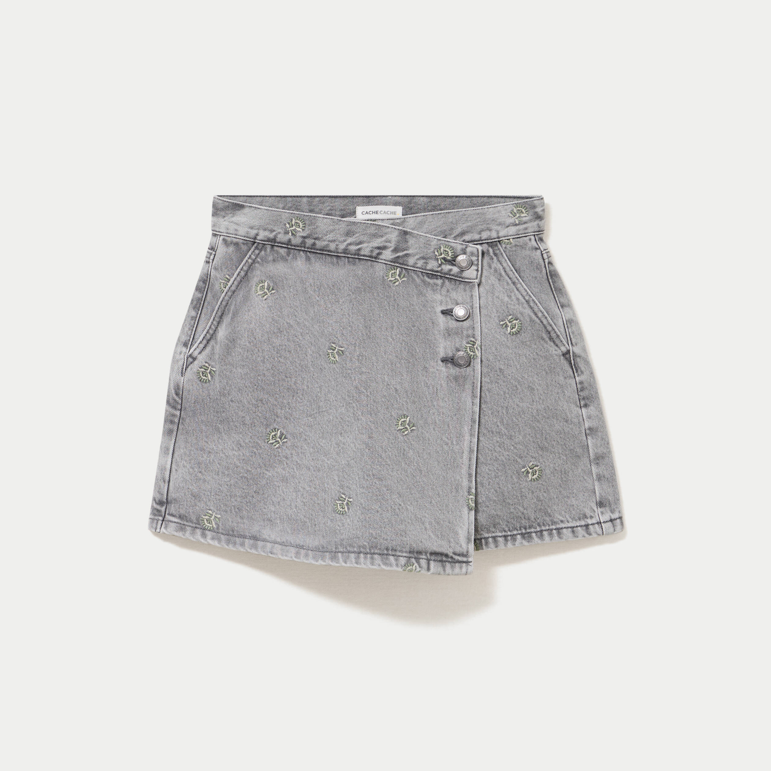 Jupe-short trap&egrave;ze courte taille haute denim gris femme