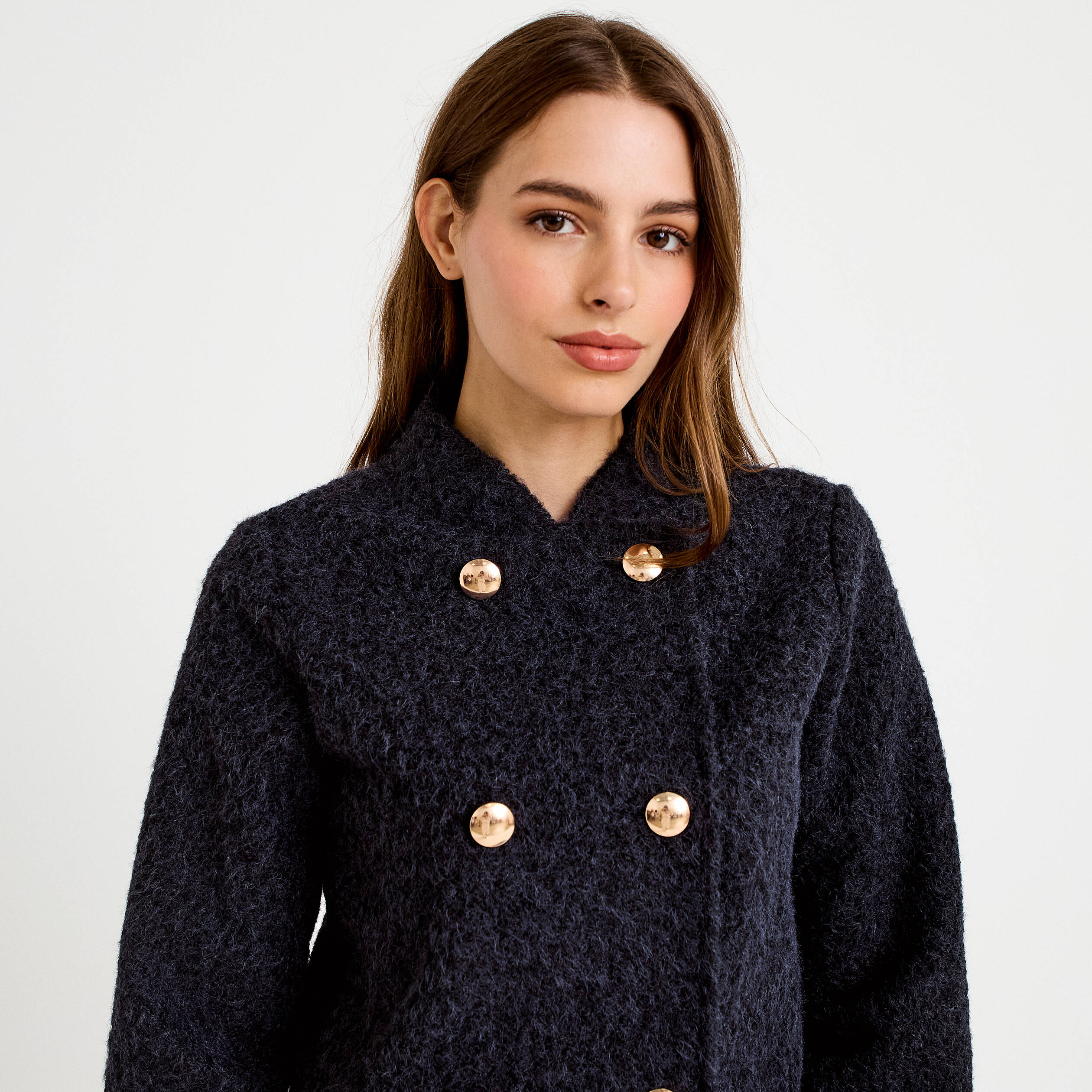 Veste droite cropped effet polaire bleu marine femme