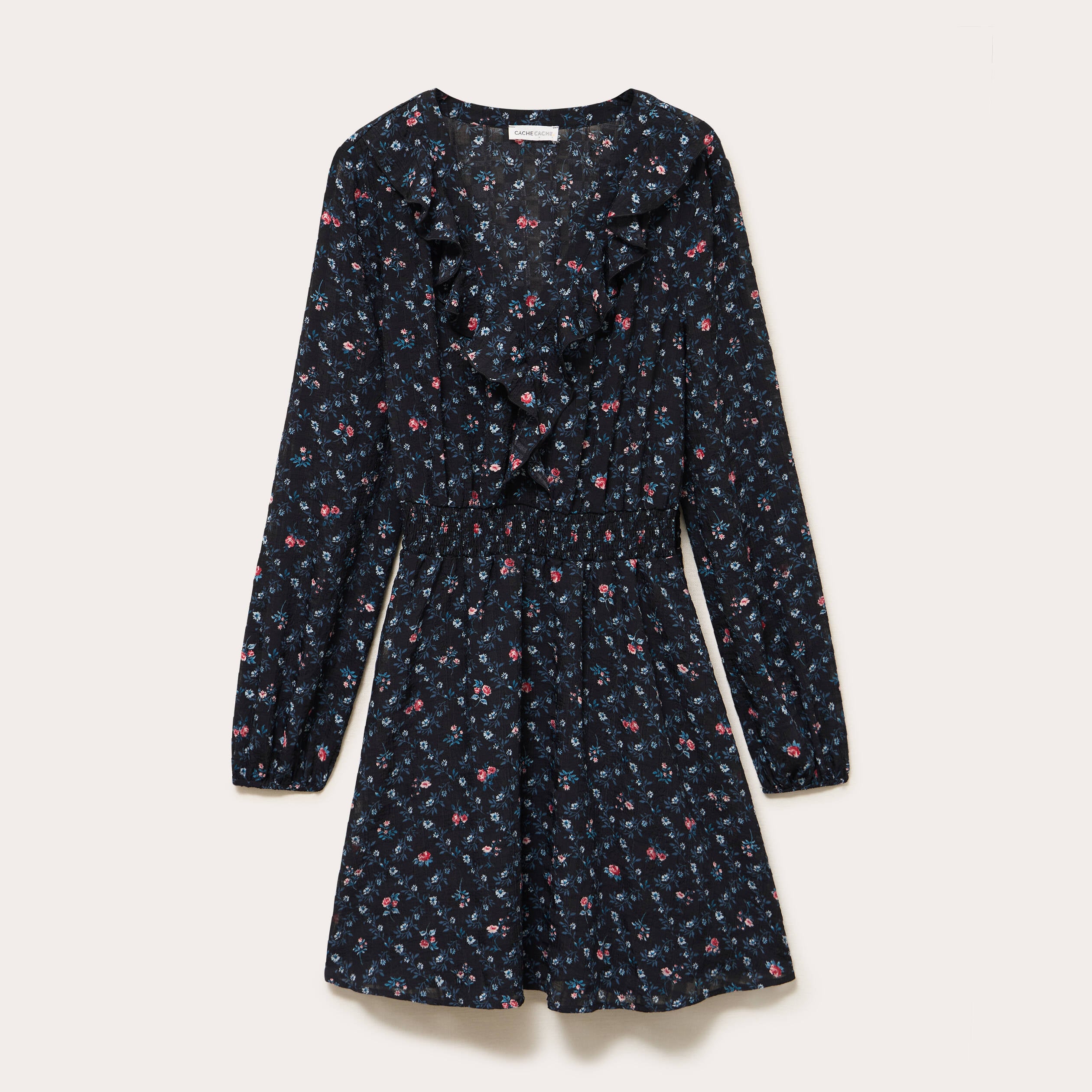 Robe courte &eacute;vas&eacute;e col v manches longues noir femme