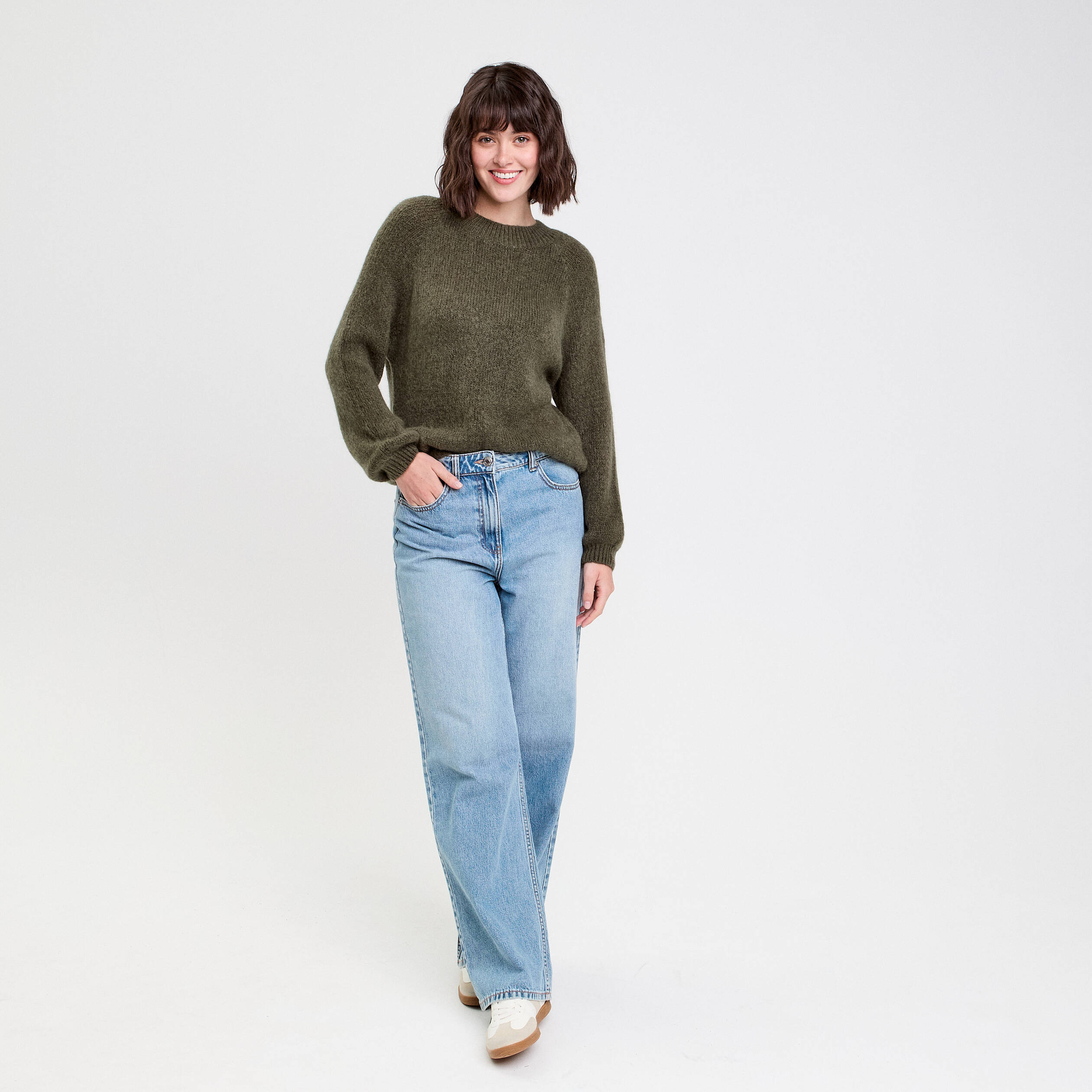 Pull manches longues vert kaki femme