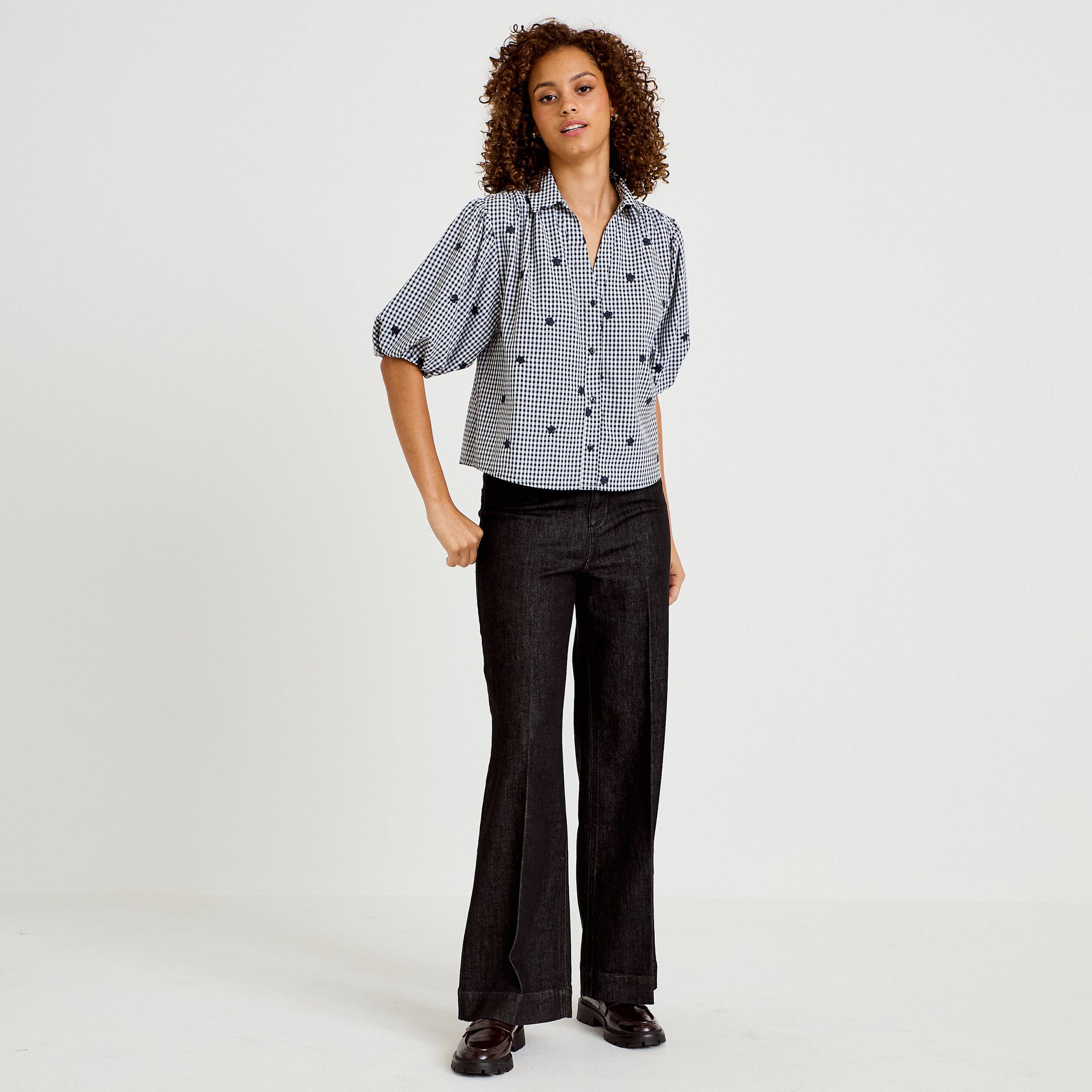 Chemise droite col classique manches 3/4 bleu marine femme