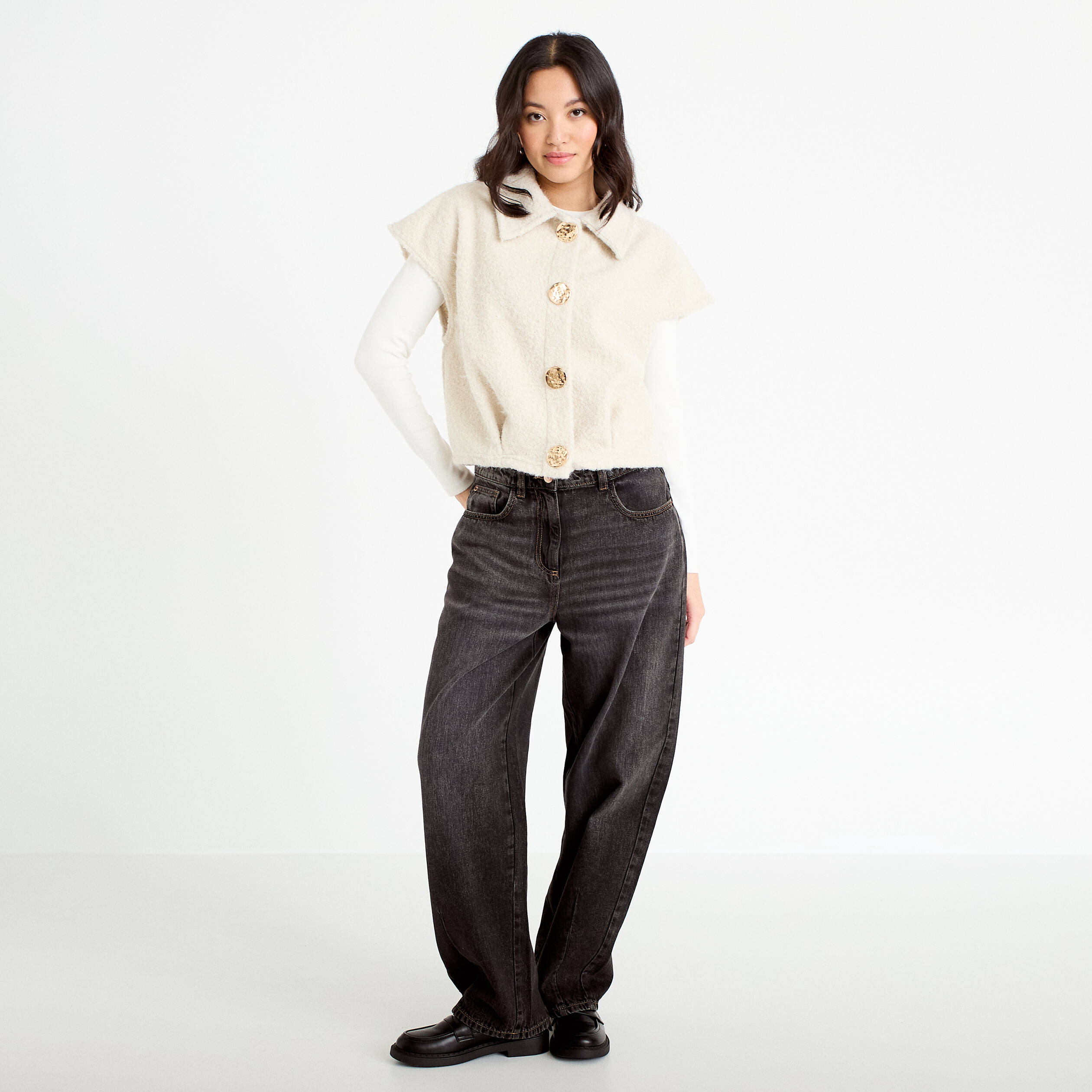 Veste sans manches bouclette col rond sable femme