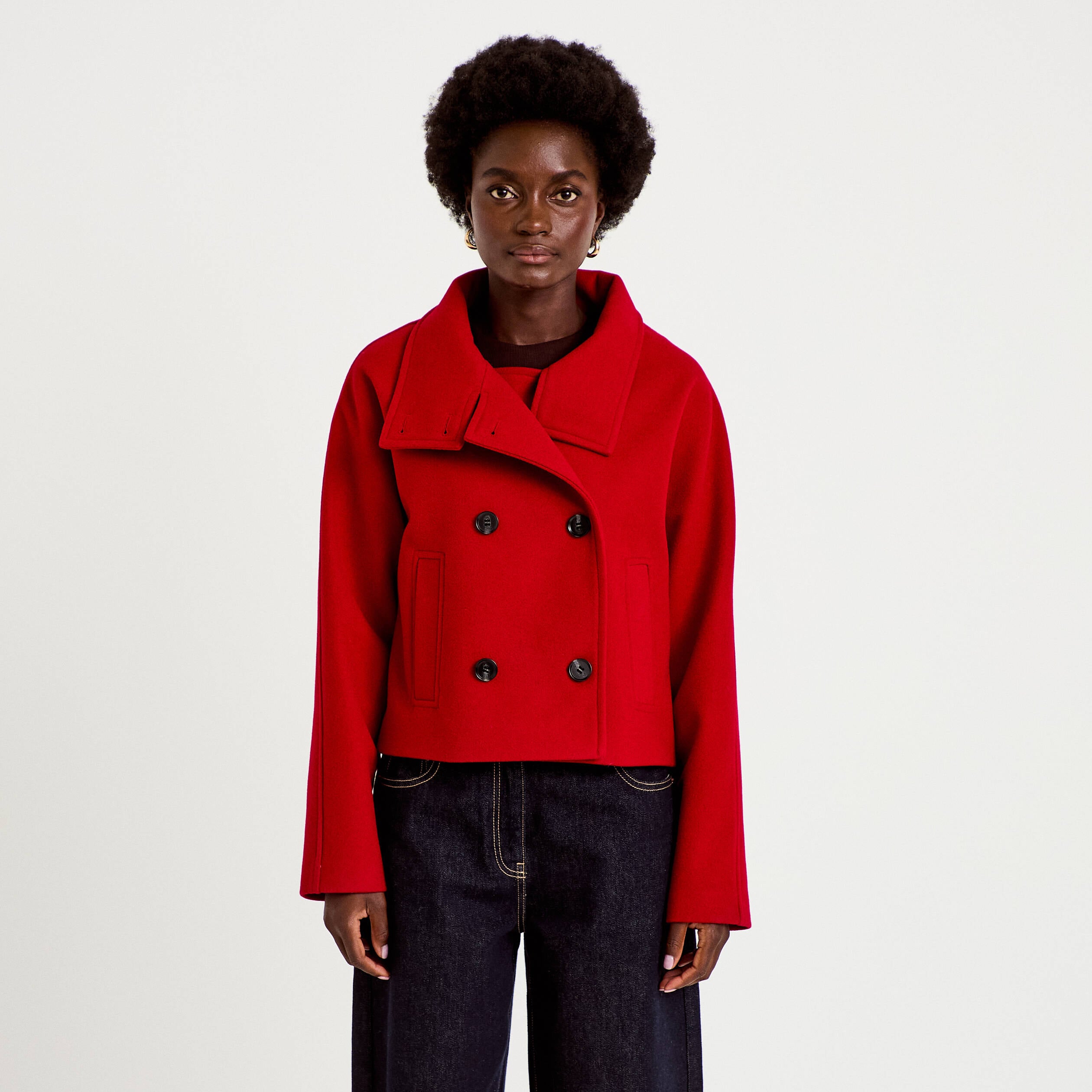 Caban court col montant rouge femme