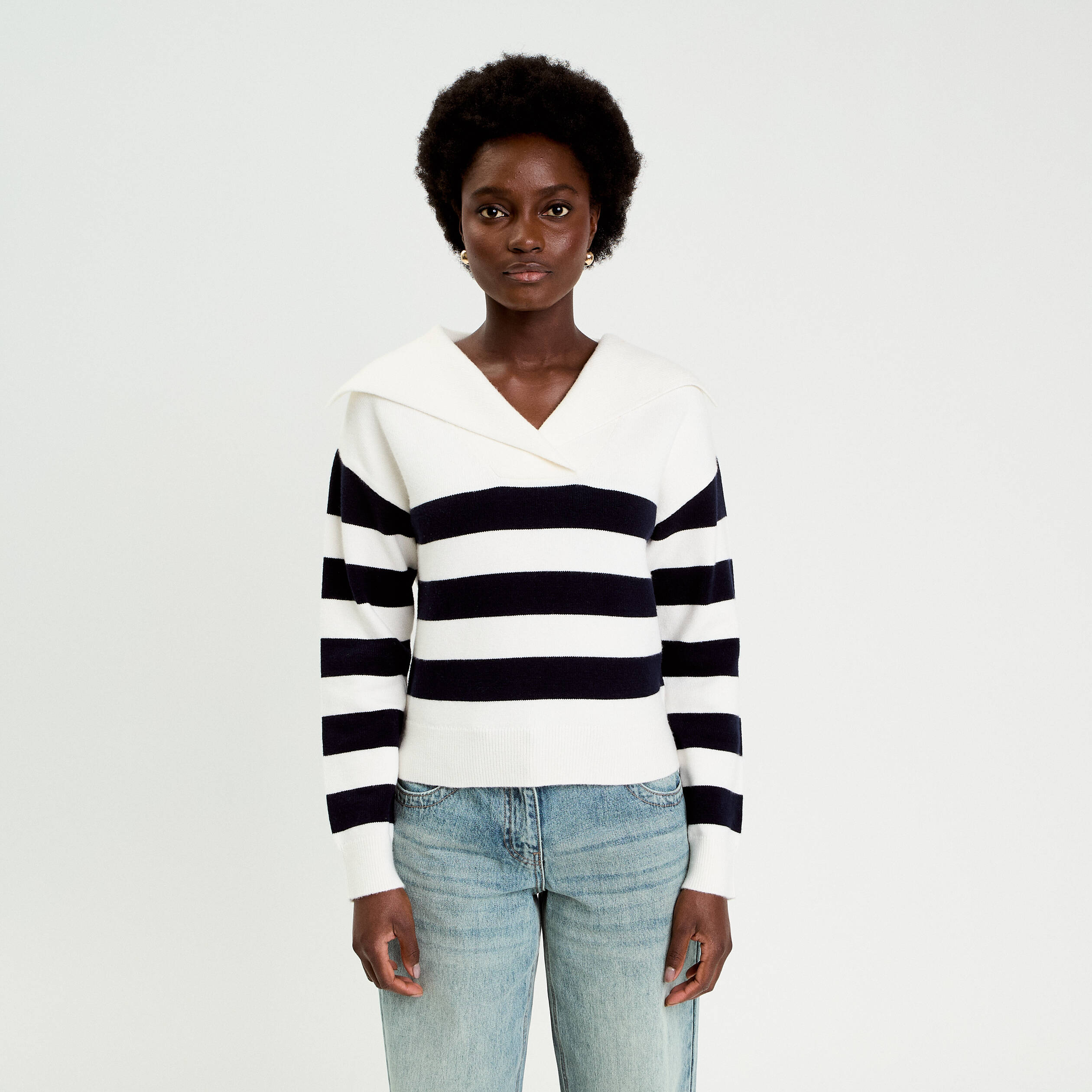Pull col marin manches longues blanc femme