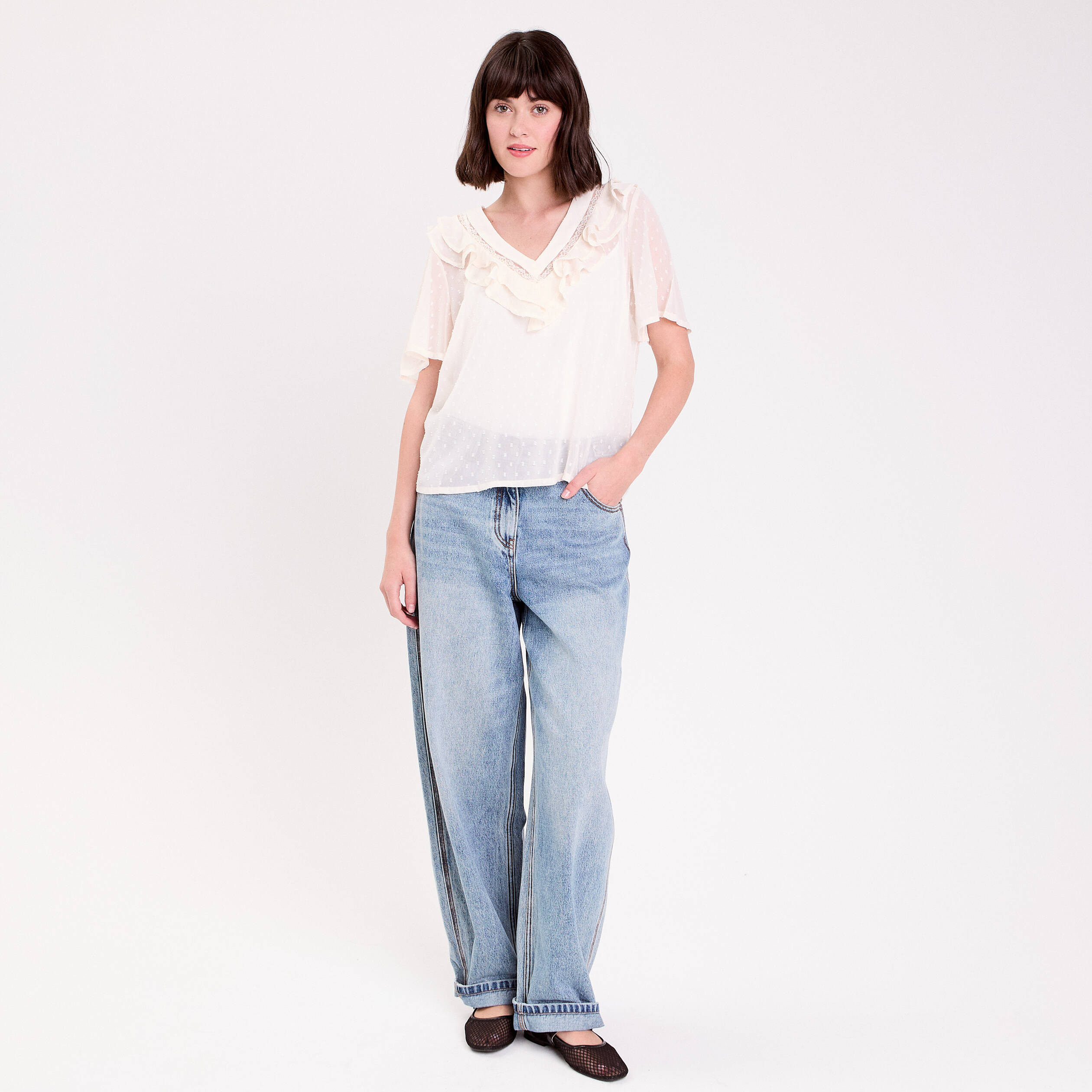 Blouse manches courtes ecru femme