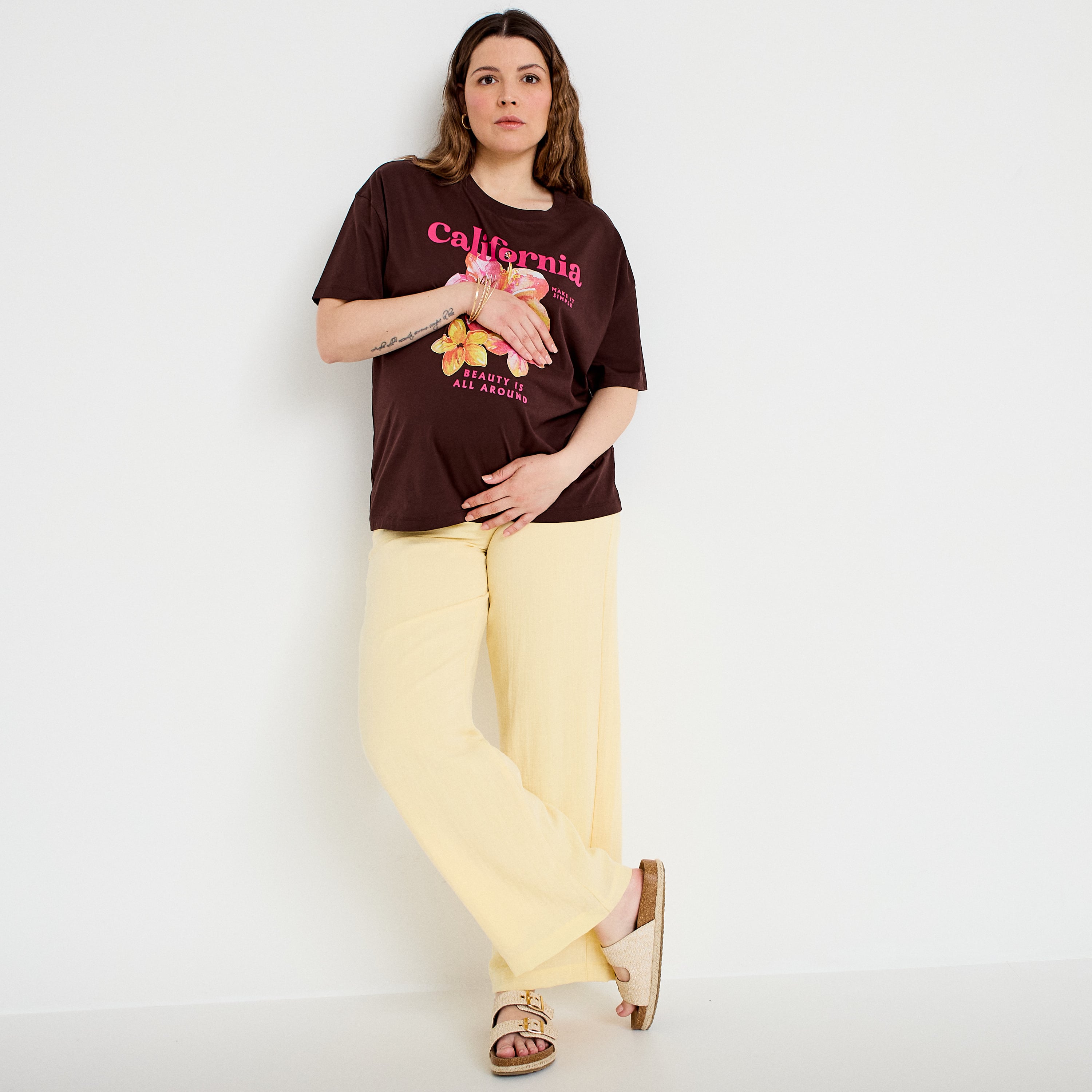 Pantalon large fluide taille &eacute;lastiqu&eacute;e jaune pastel femme