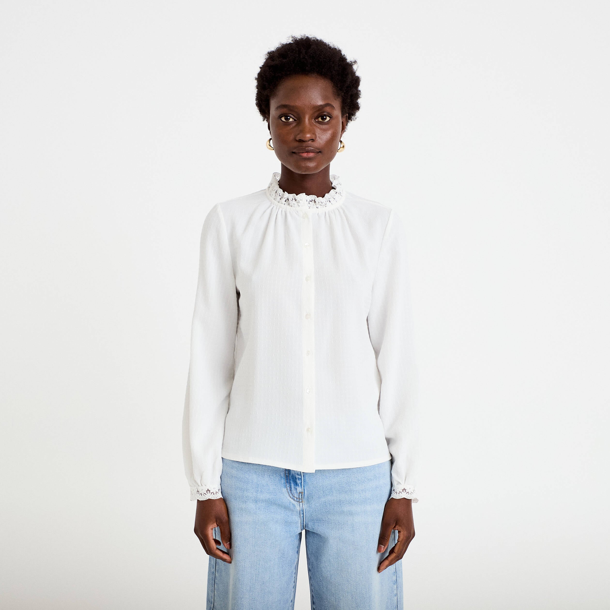 Chemise droite col montant dentelle ecru femme