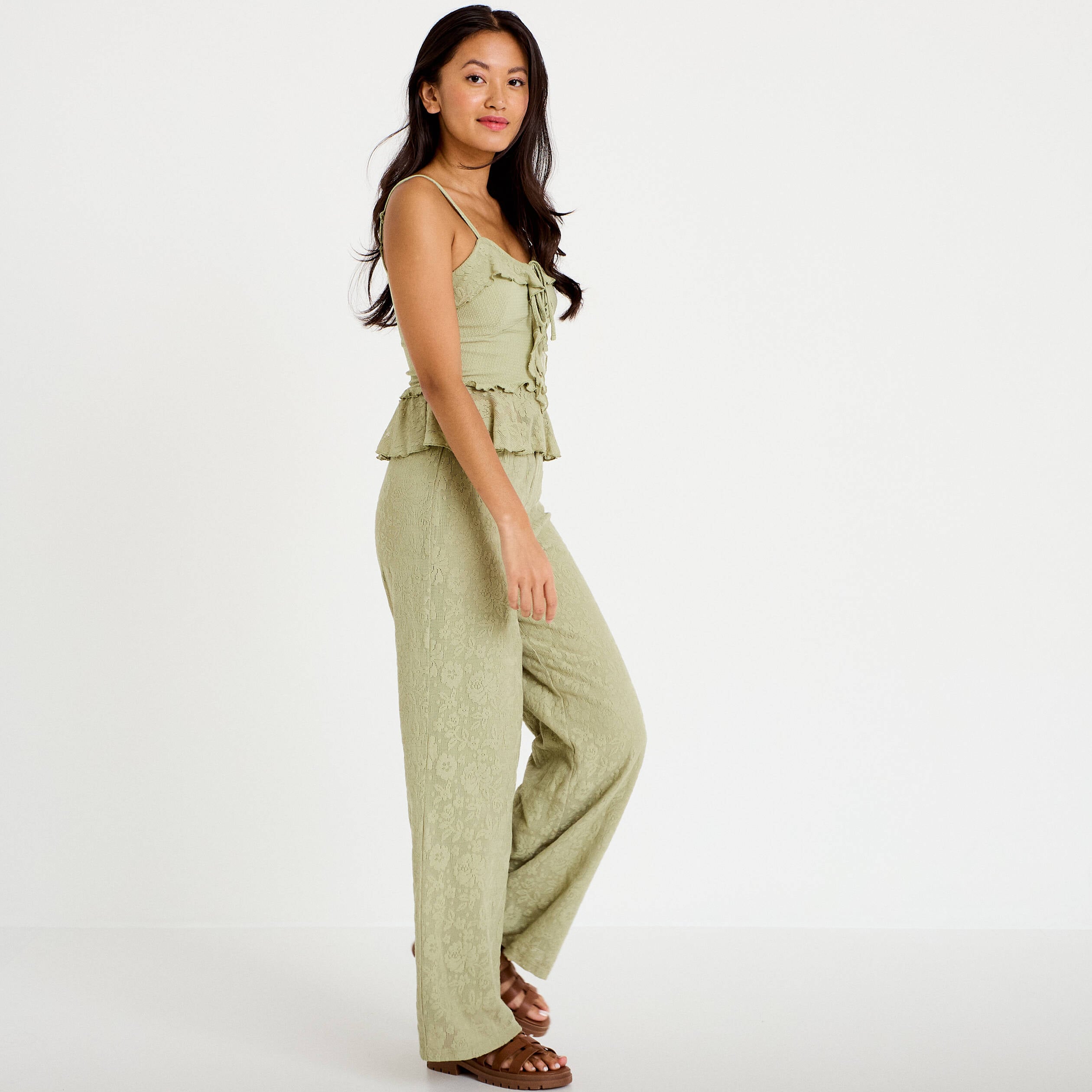 Pantalon large taille haute vert kaki femme