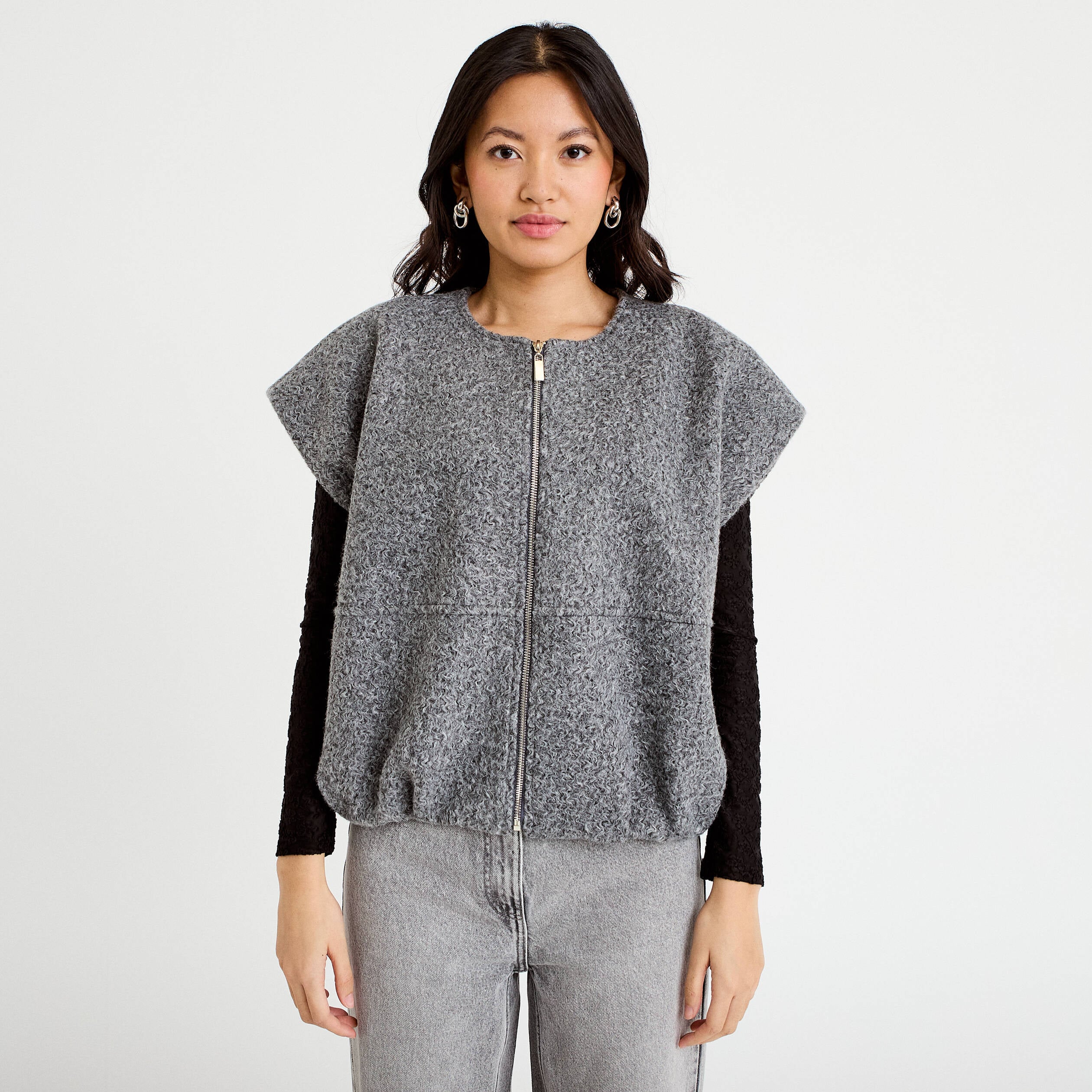 Gilet oversize sans manches col rond gris clair femme