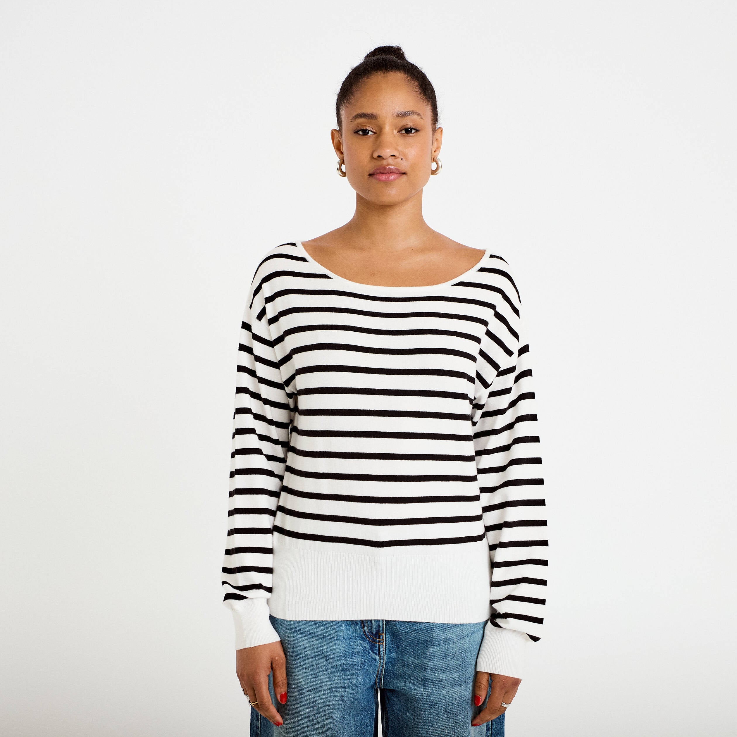 Pull ample manches longues fin blanc femme
