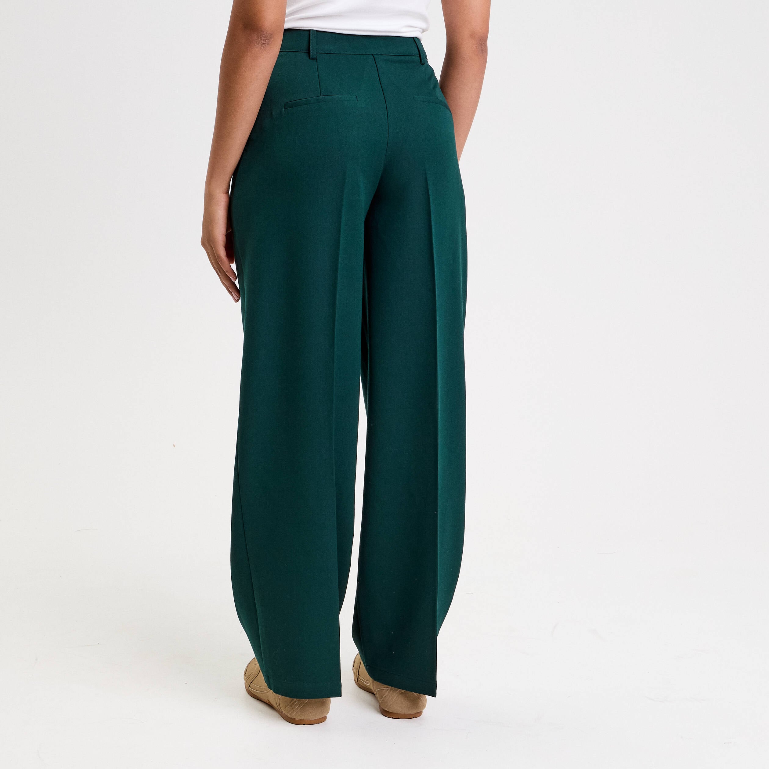 Pantalon large taille haute vert fonc&eacute; femme