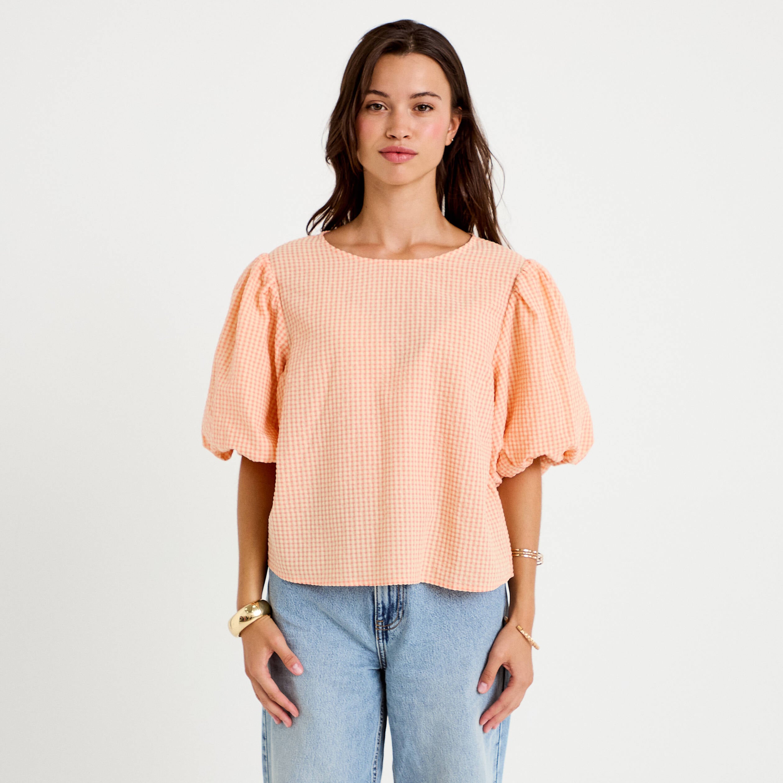 Blouse effet boule manches courtes orange femme