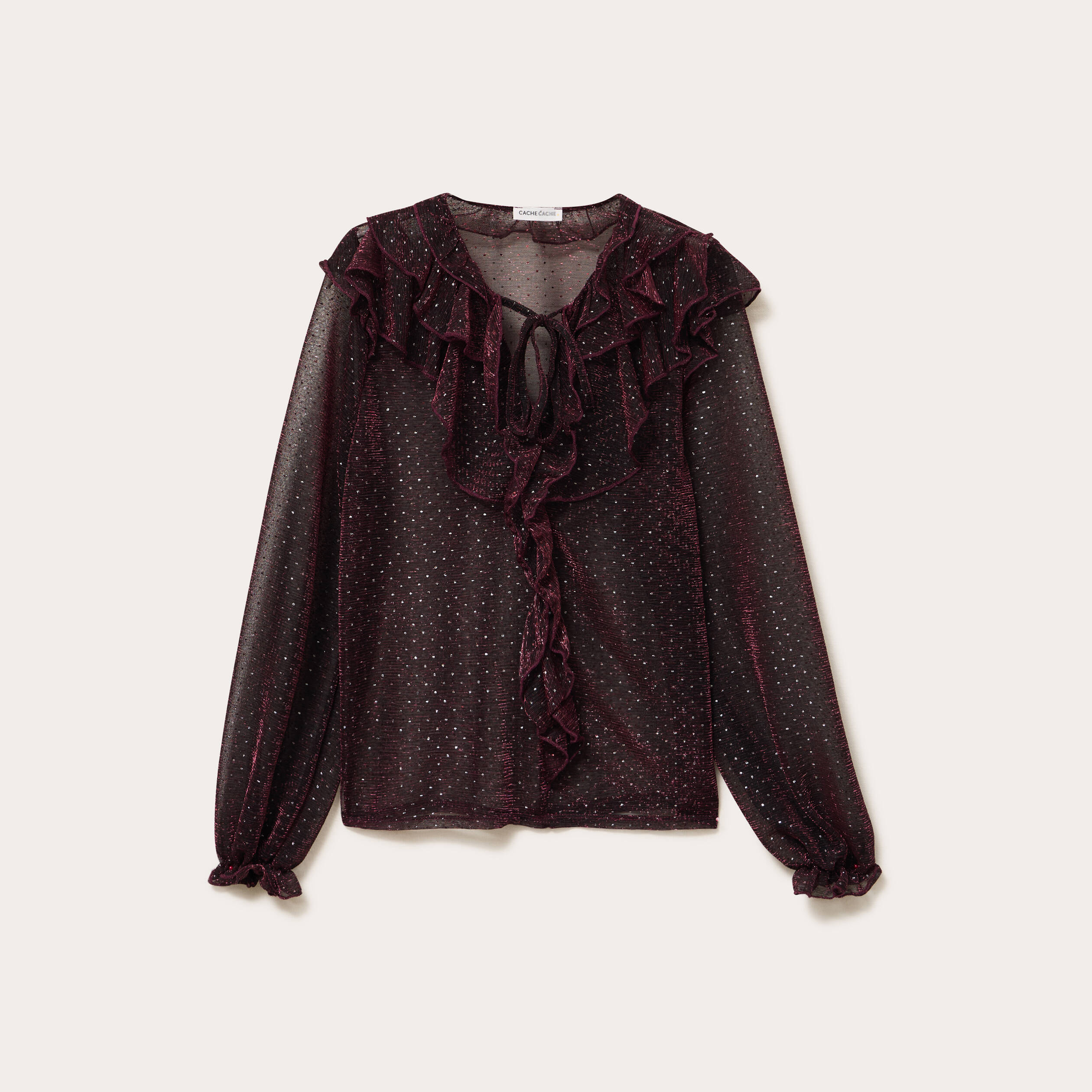 Blouse voile transparent paillet&eacute; violet fonc&eacute; femme