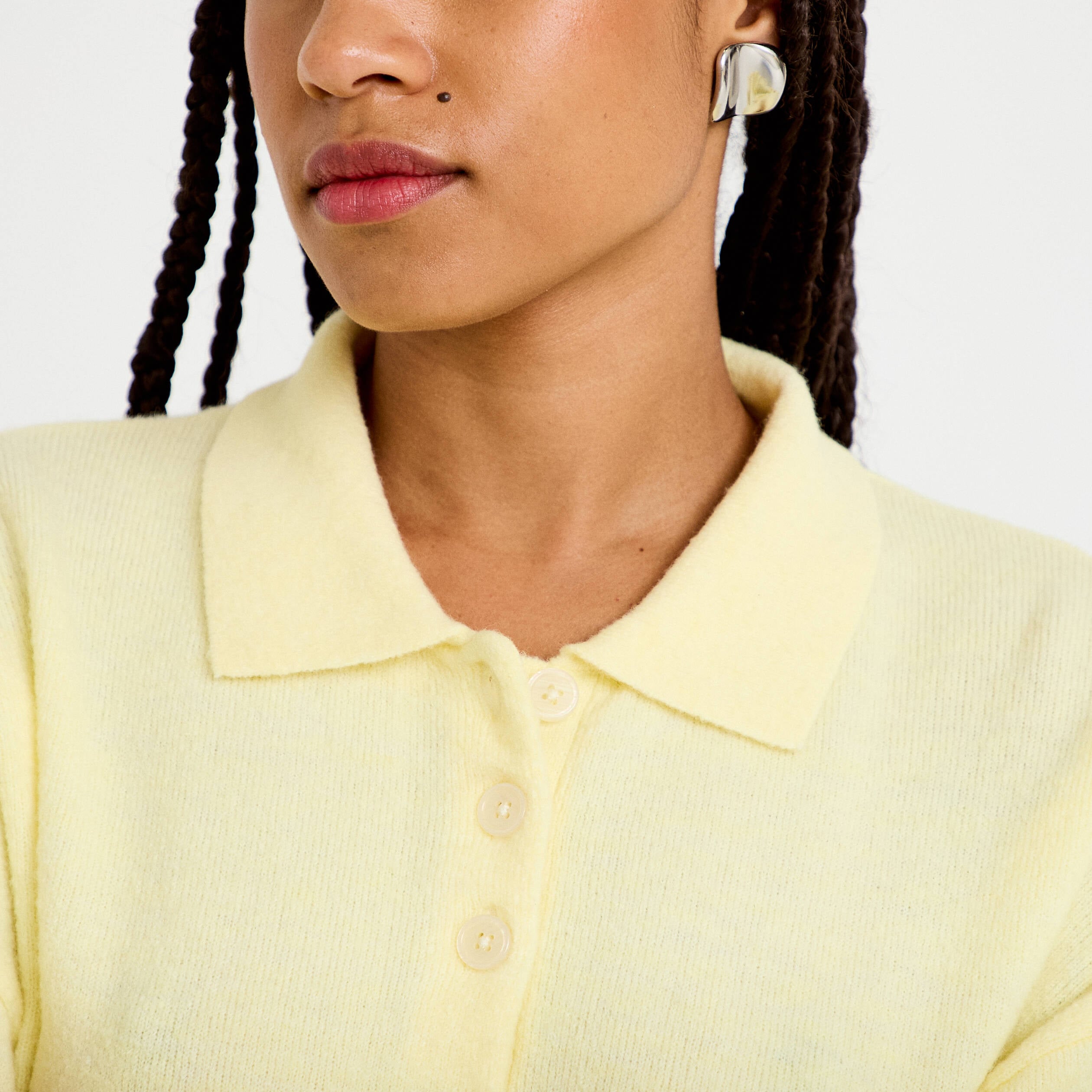 Pull col chemise manches longues jaune clair femme