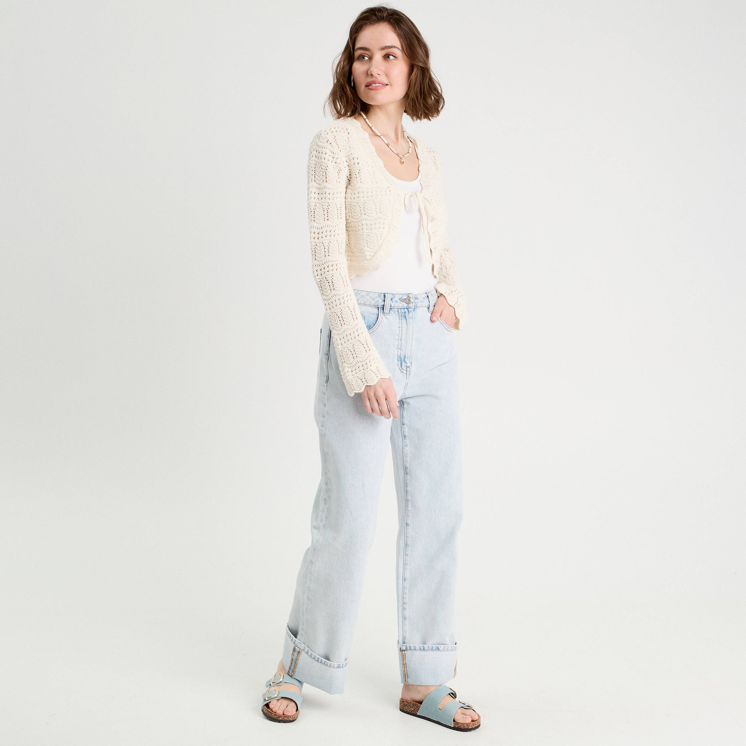 Gilet ajour&eacute; nou&eacute; ecru femme