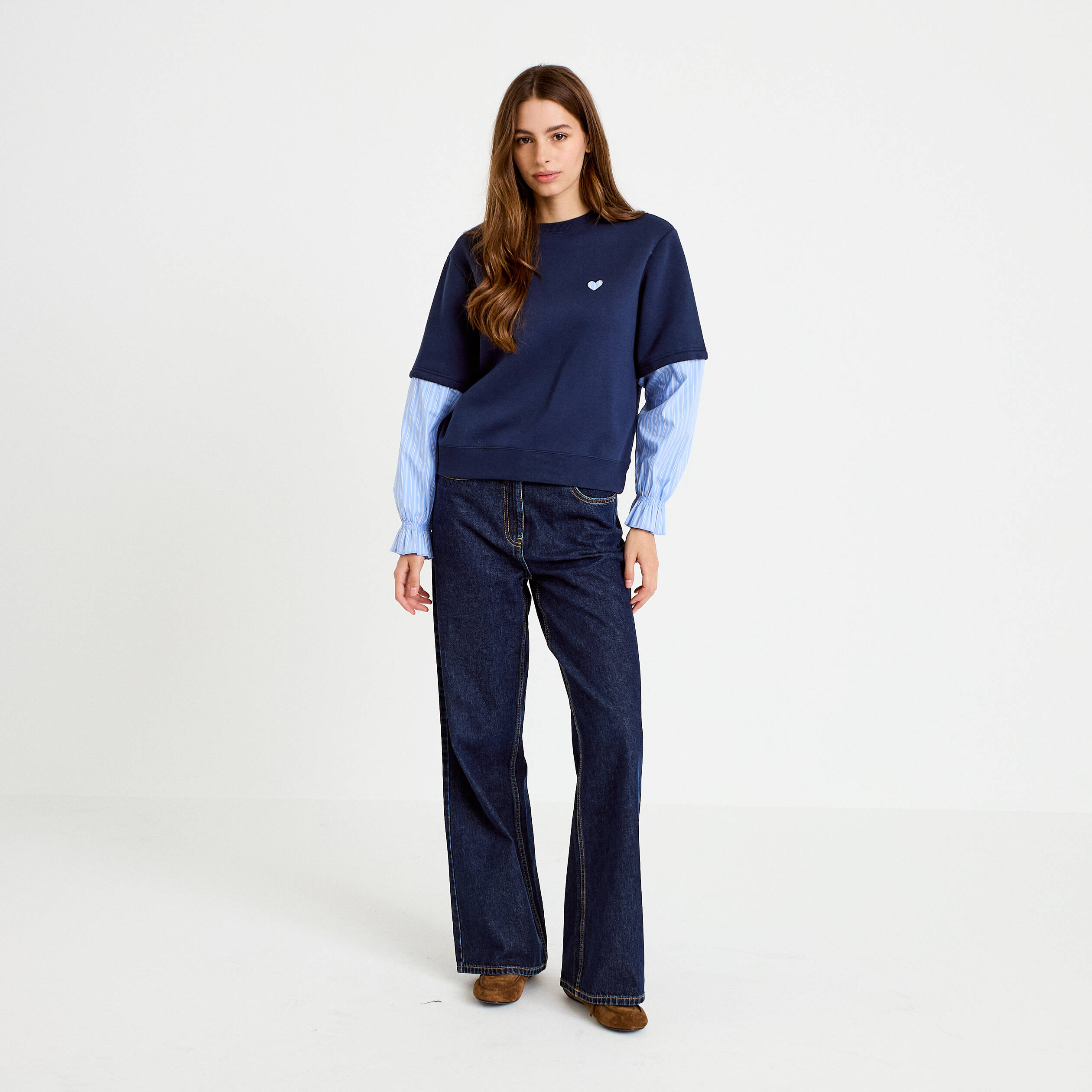 Sweat bi-mati&egrave;re manches longues bleu marine femme