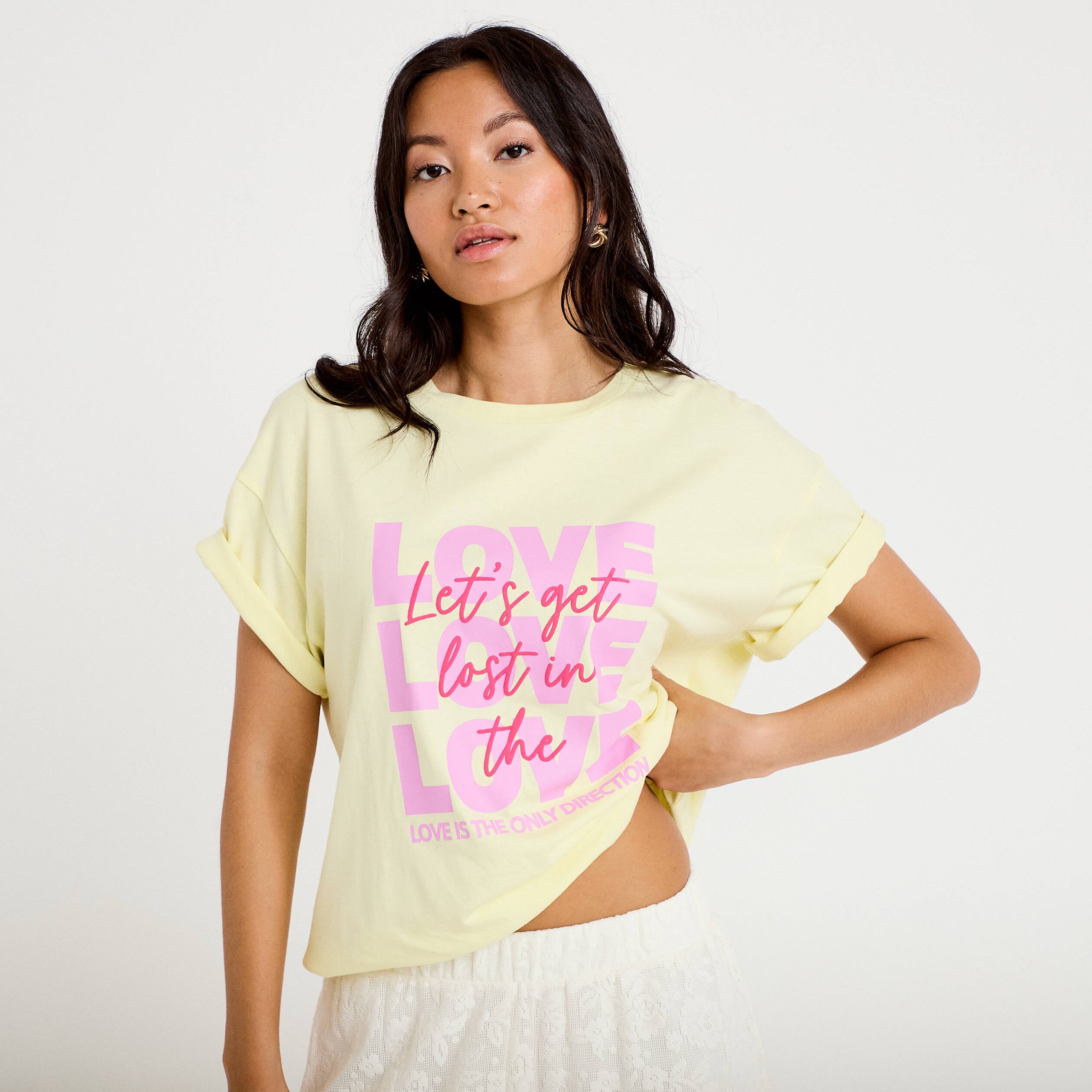 T-shirt boyfriend manches courtes jaune clair femme