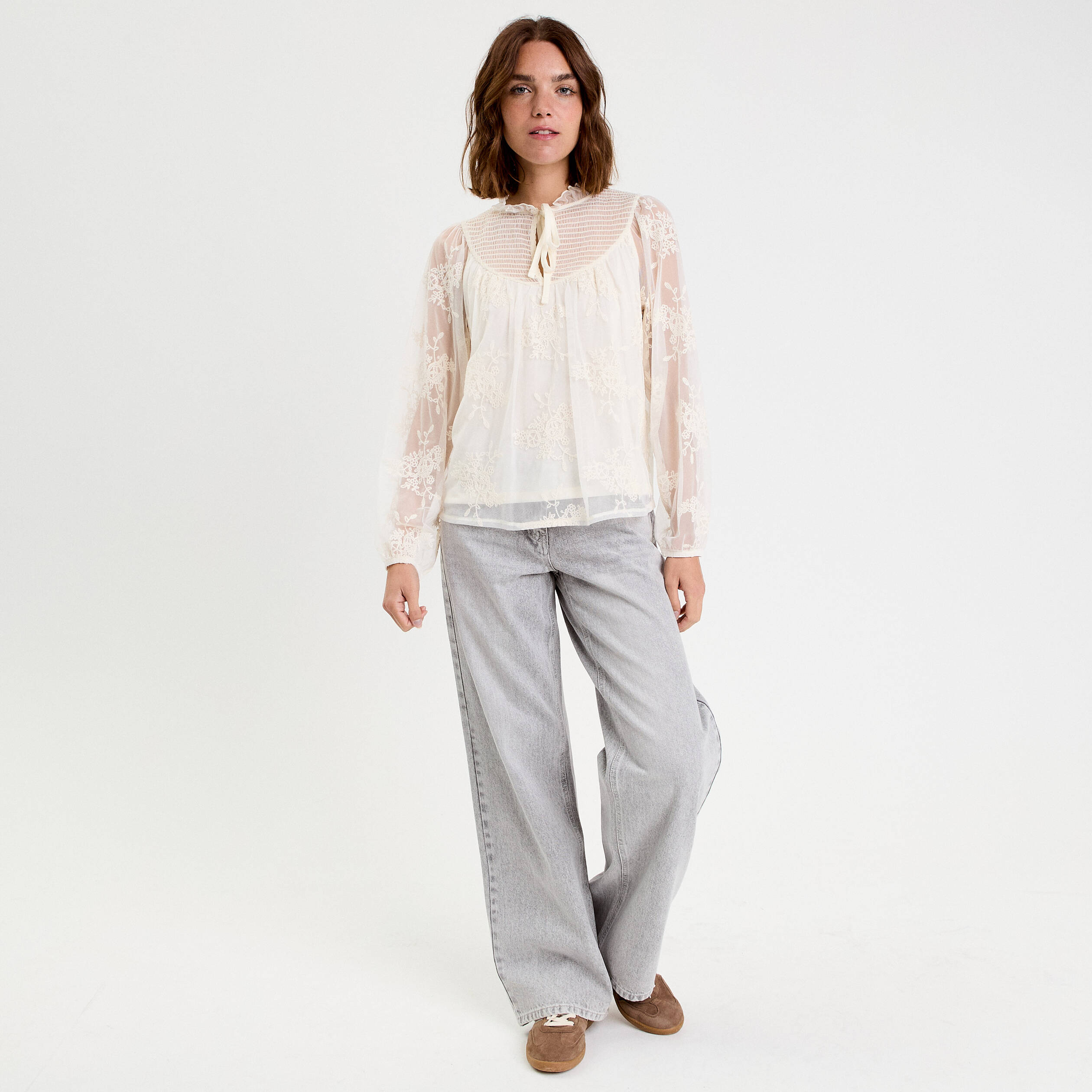 Blouse dentelle manches longues ecru femme