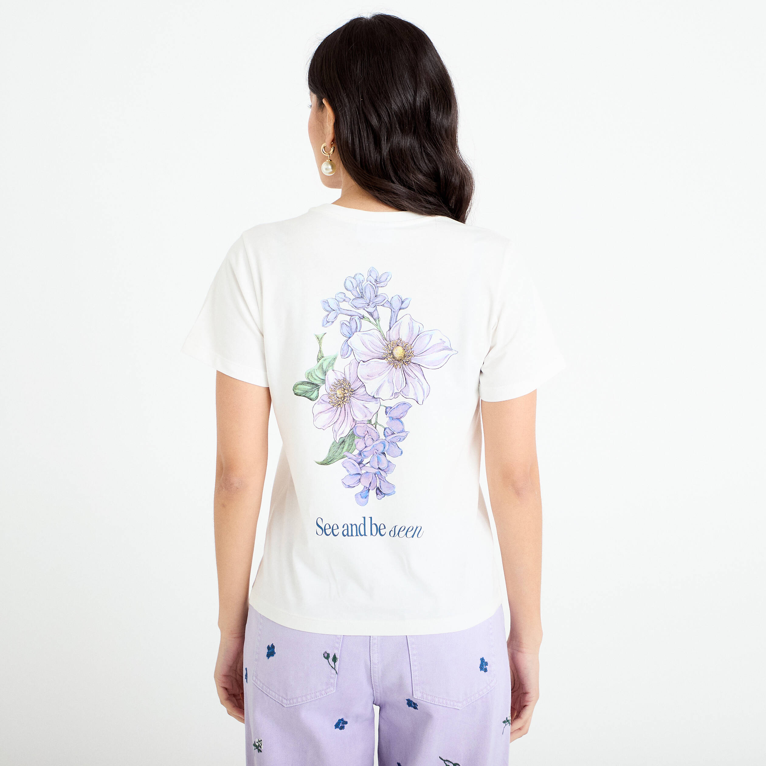 T-shirt imprim&eacute; fleurs Bridgerton ecru femme