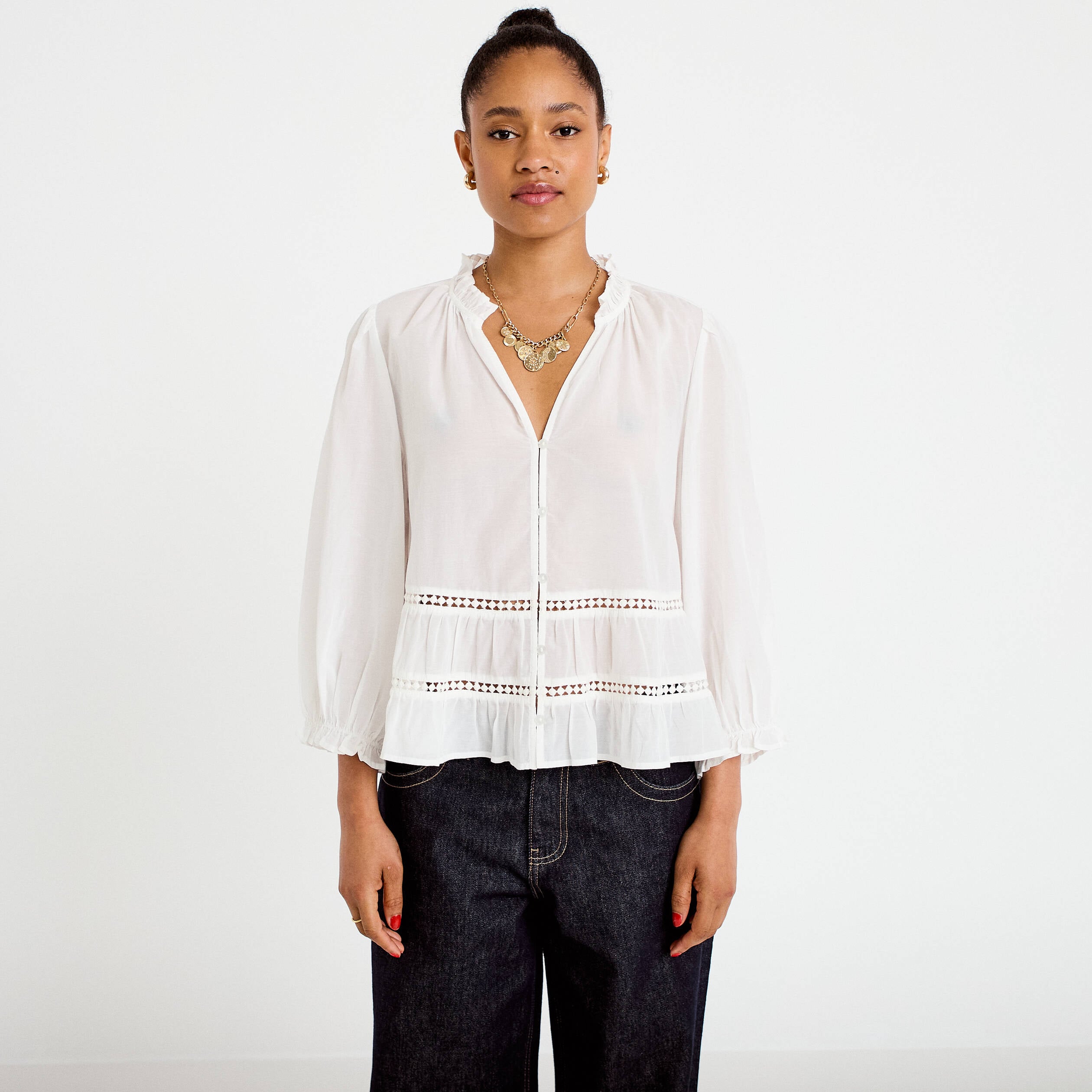 Blouse cintr&eacute;e col v manches 3/4 ecru femme